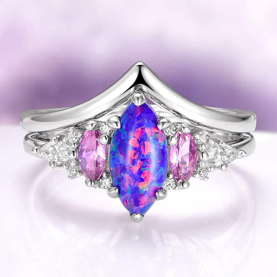 Emerie Blue Fire Opal & Pink Sapphire Ring Set in Sterling Silver
