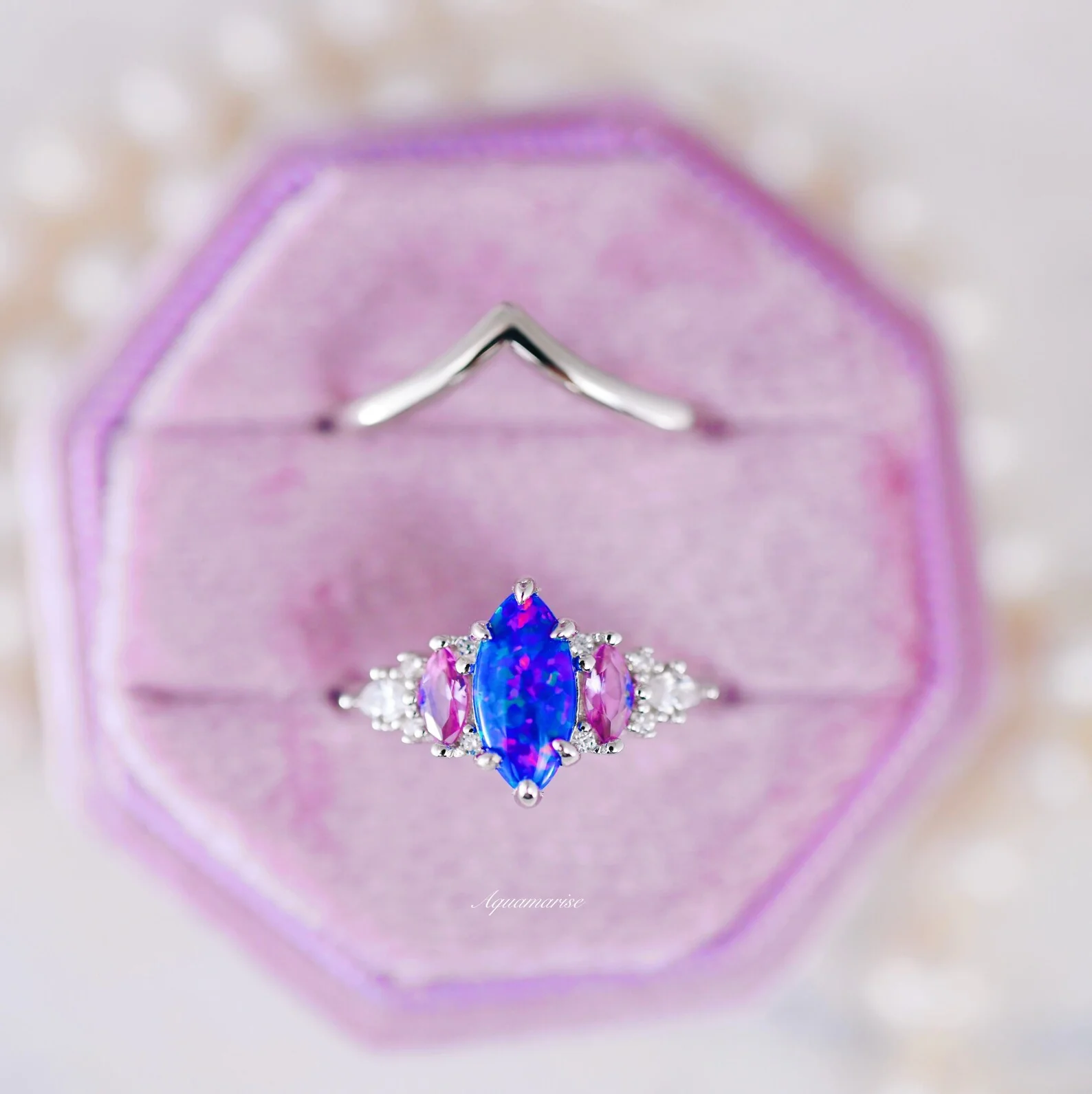 Emerie Blue Fire Opal & Pink Sapphire Ring Set in Sterling Silver - Image 2