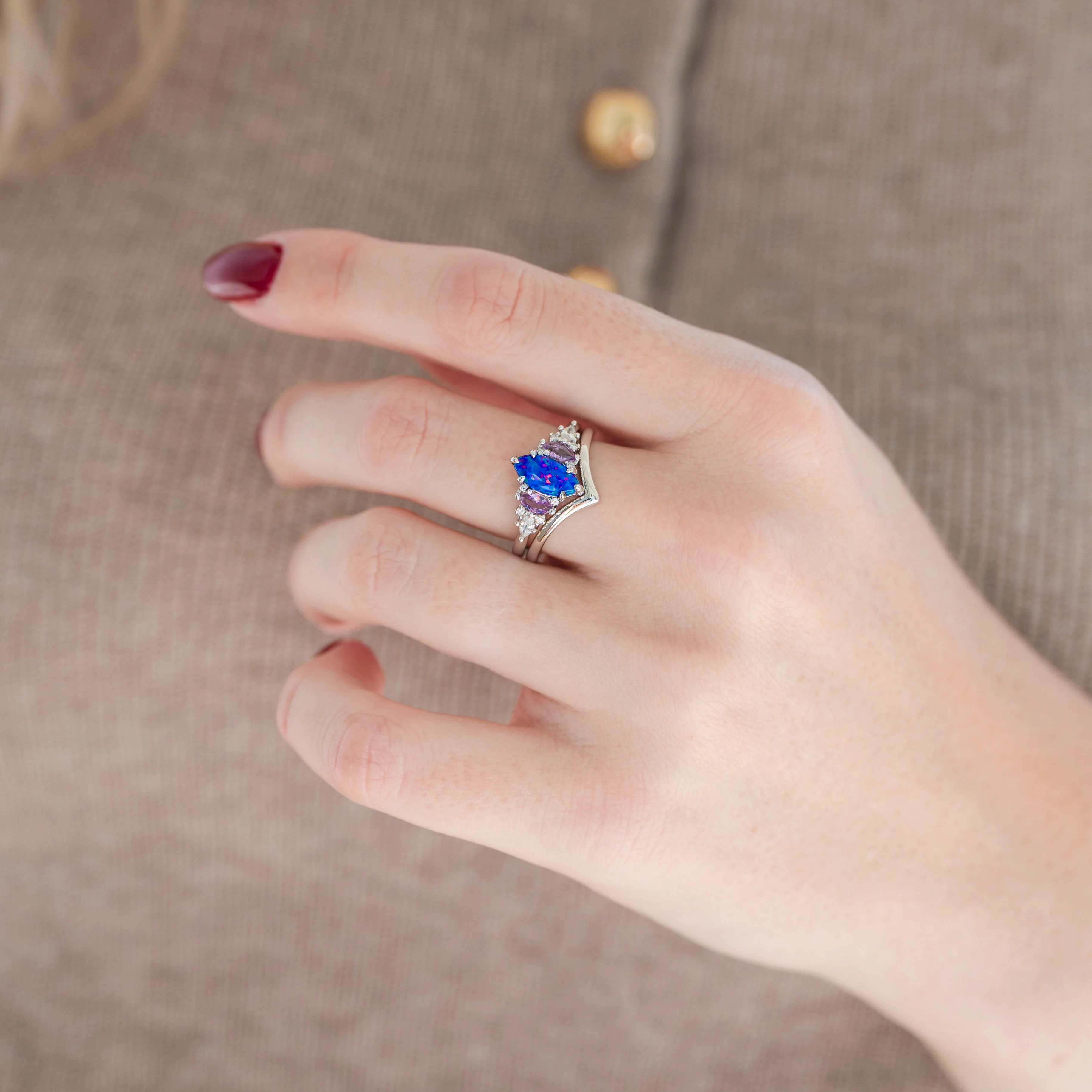 Emerie Blue Fire Opal & Pink Sapphire Ring Set in Sterling Silver - Image 3