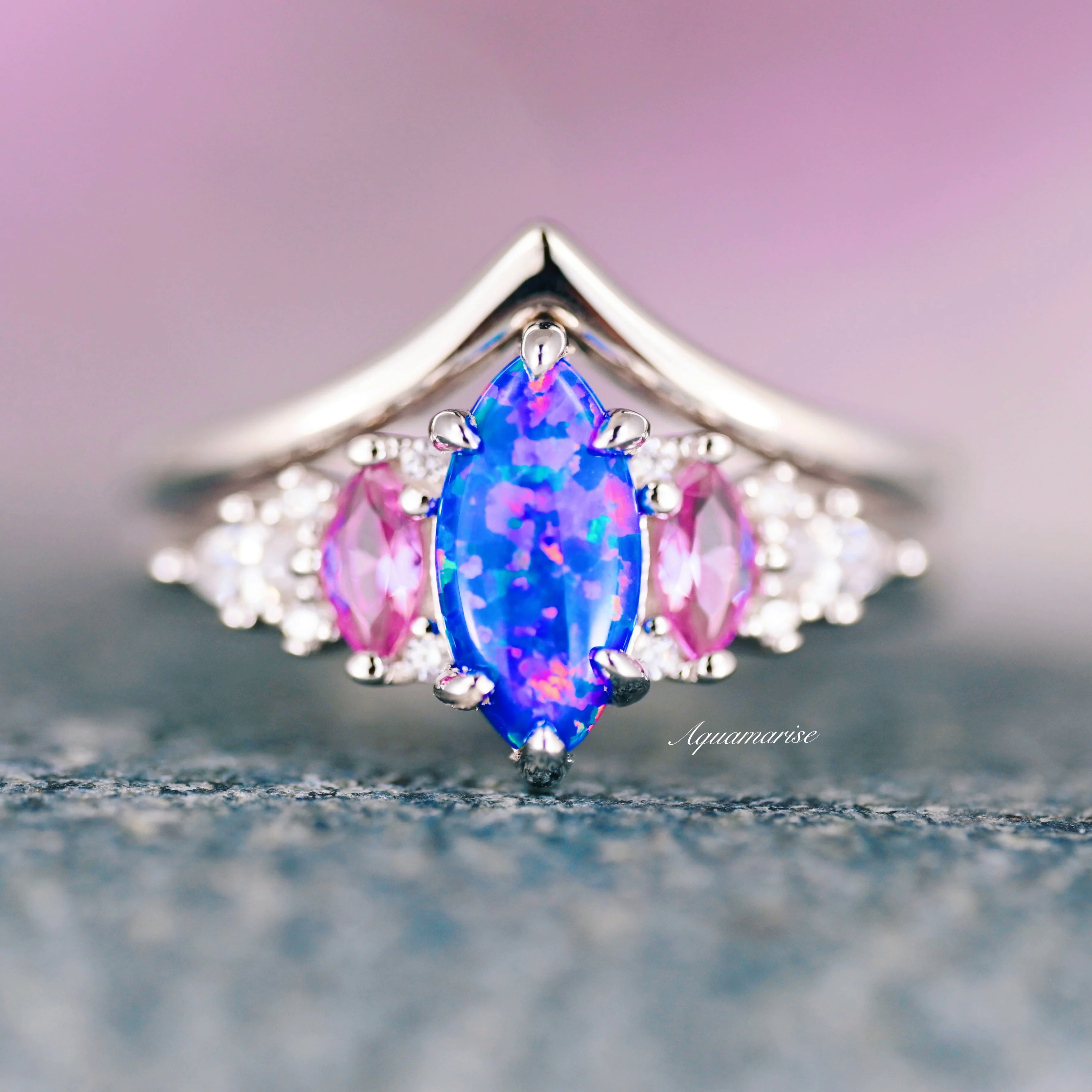 Emerie Blue Fire Opal & Pink Sapphire Ring Set in Sterling Silver - Image 5