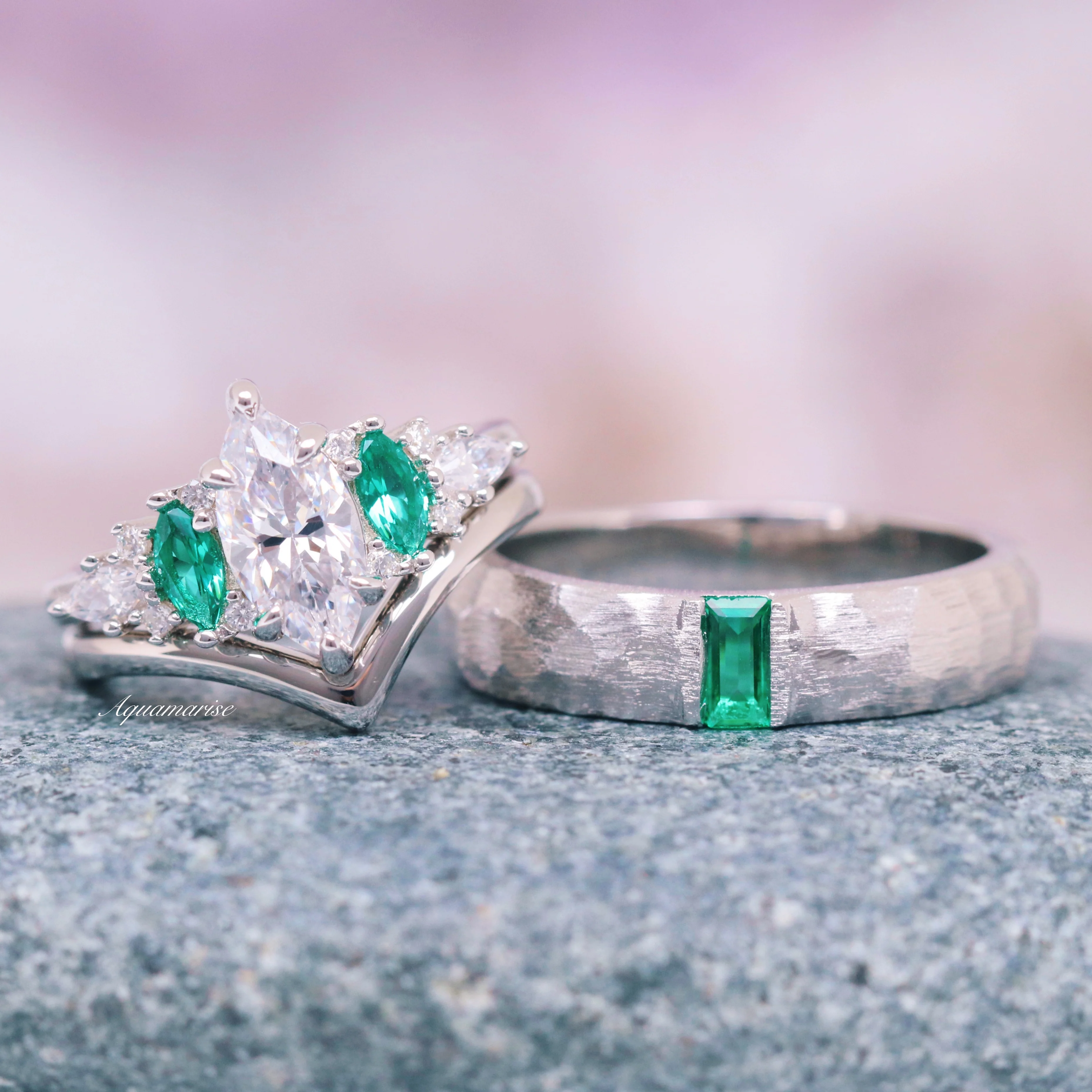 Emerie Lab-Grown Diamond and Emerald Engagement Ring Set in 14K White Gold (IGI Certified) - Image 2