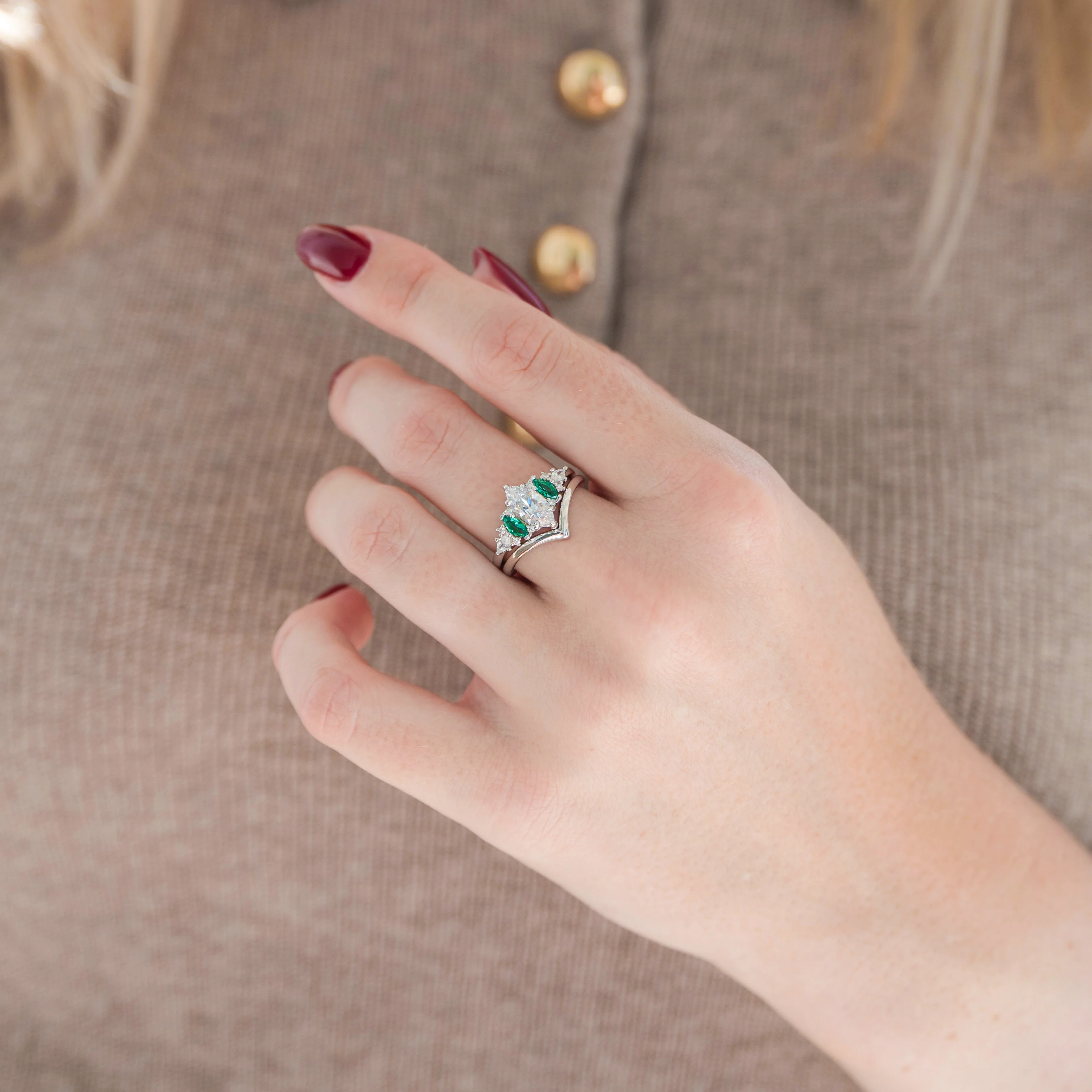 Emerie Lab-Grown Diamond and Emerald Engagement Ring Set in 14K White Gold (IGI Certified) - Image 3