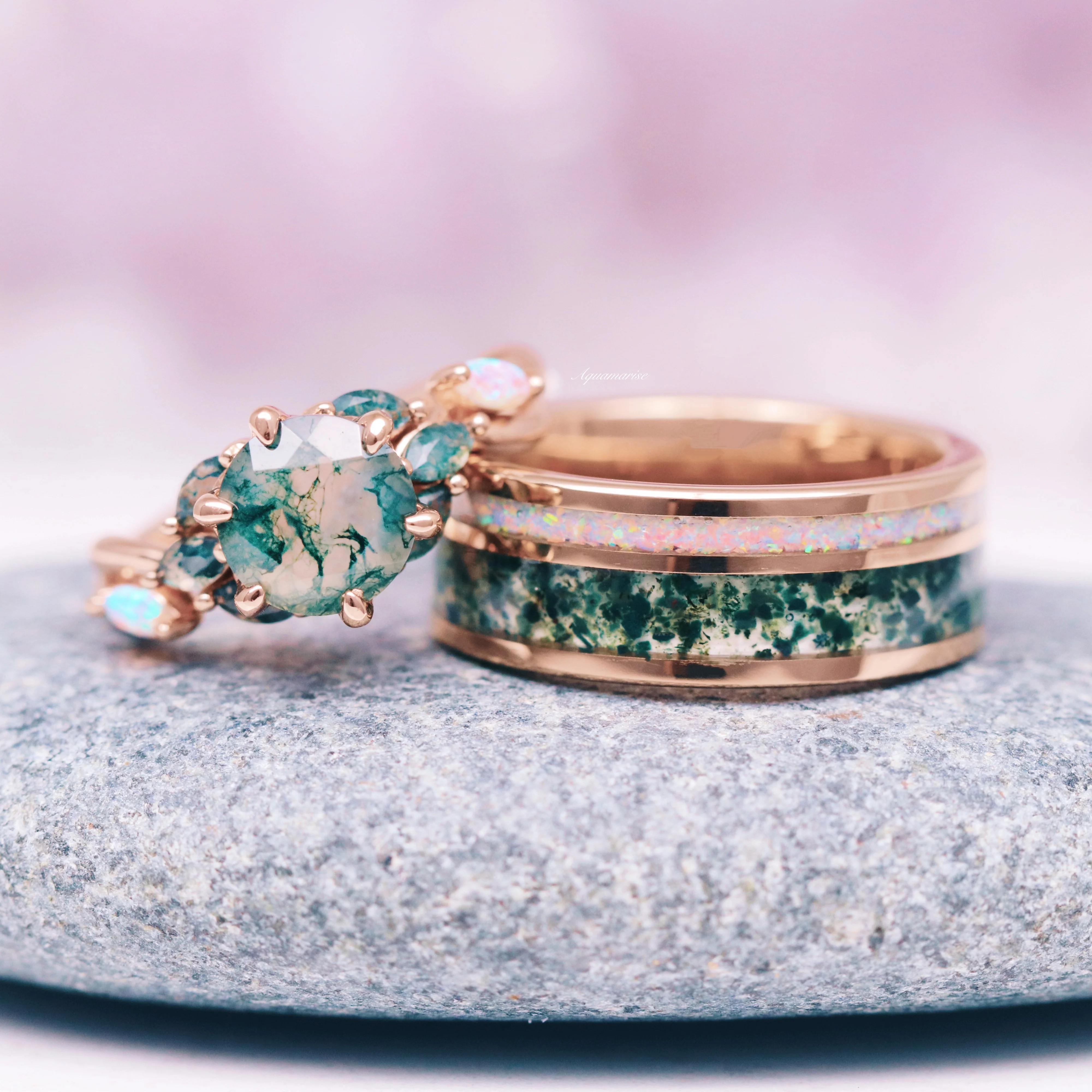 Enchanted Garden Green Moss Agate & Fire Opal Ring- 14K Solid Rose Gold - Image 2