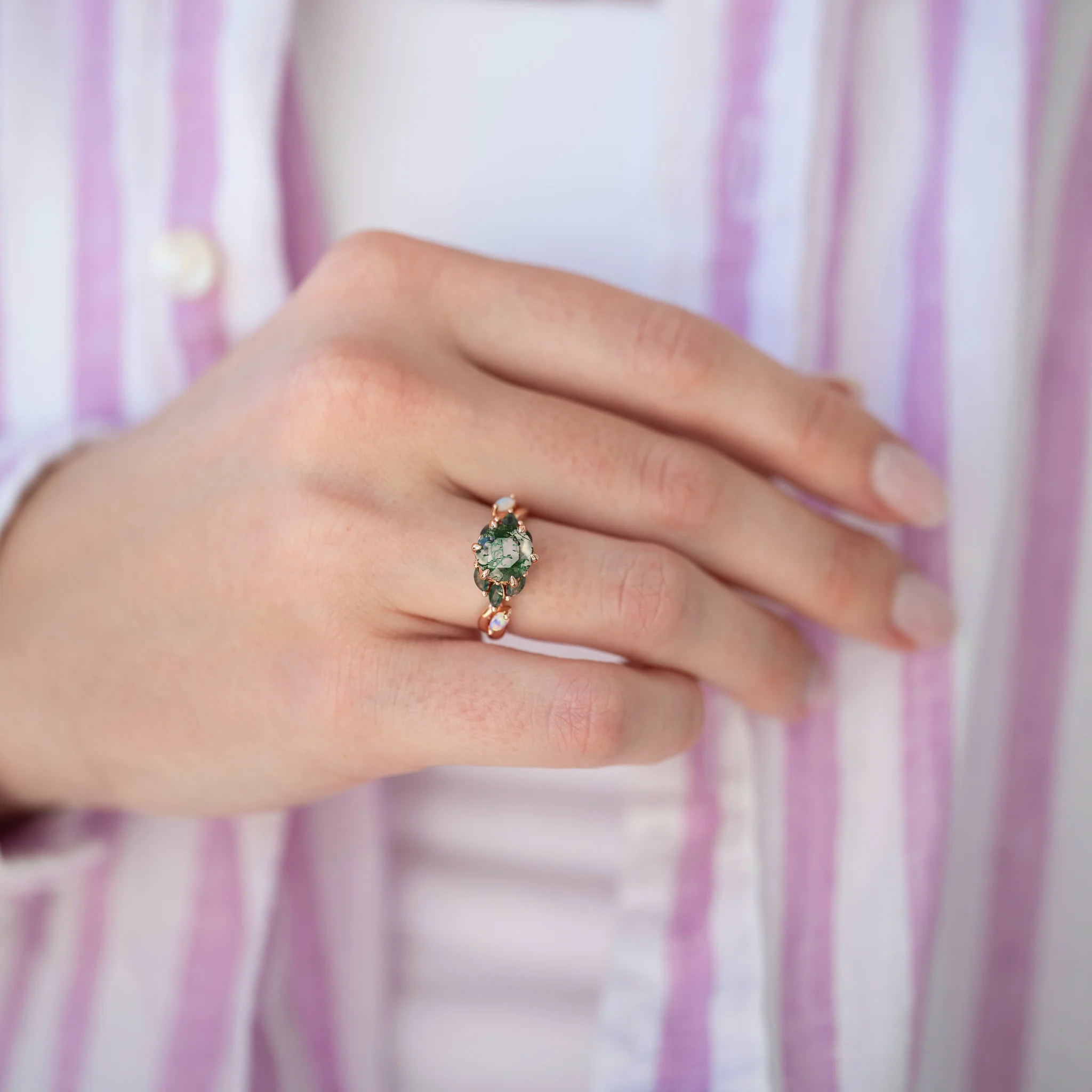 Enchanted Garden Green Moss Agate & Fire Opal Ring- 14K Solid Rose Gold - Image 4