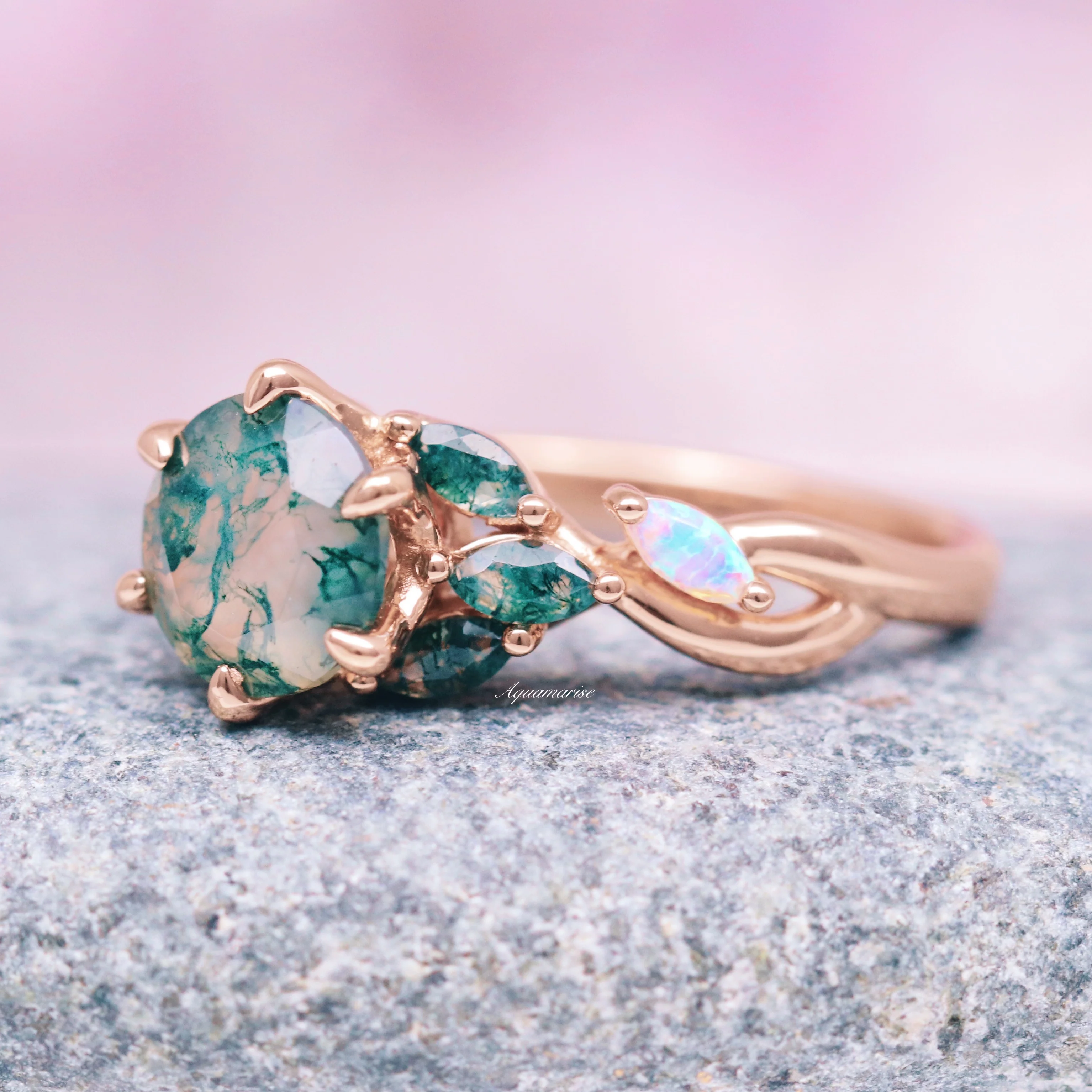Enchanted Garden Green Moss Agate & Fire Opal Ring- 14K Solid Rose Gold - Image 5