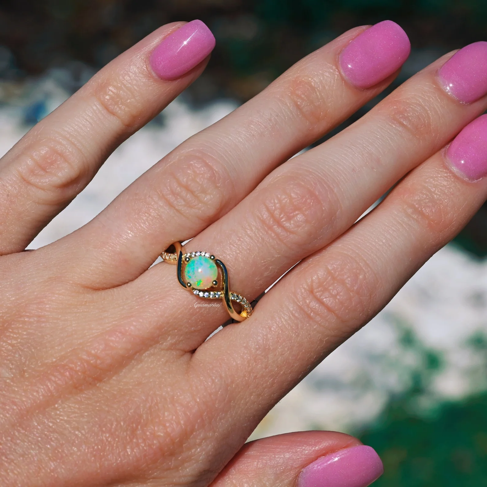 Entwined Natural Australian Opal Engagement Ring in 14K Solid Yellow Gold - Image 3