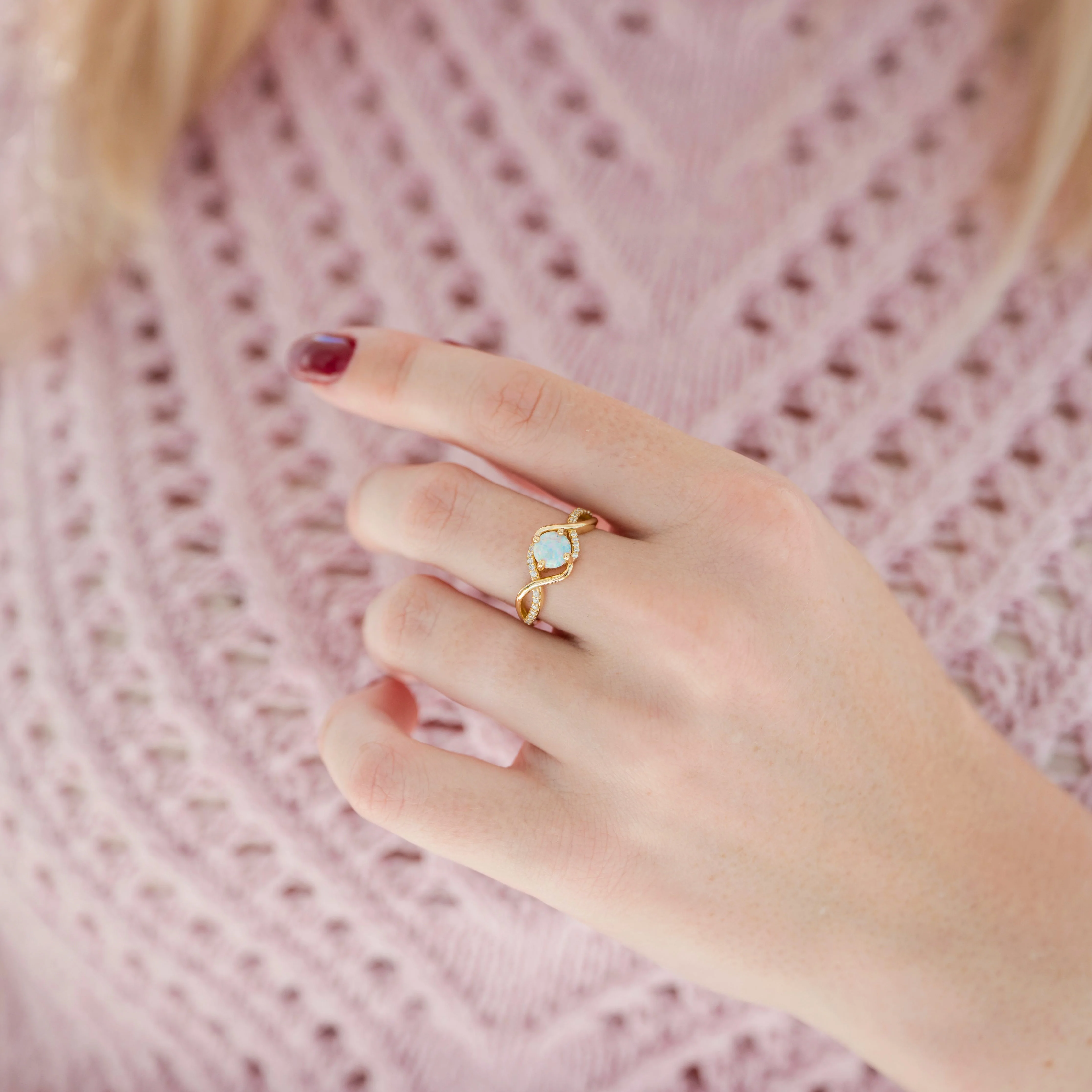 Entwined Natural Australian Opal Engagement Ring in 14K Solid Yellow Gold - Image 5