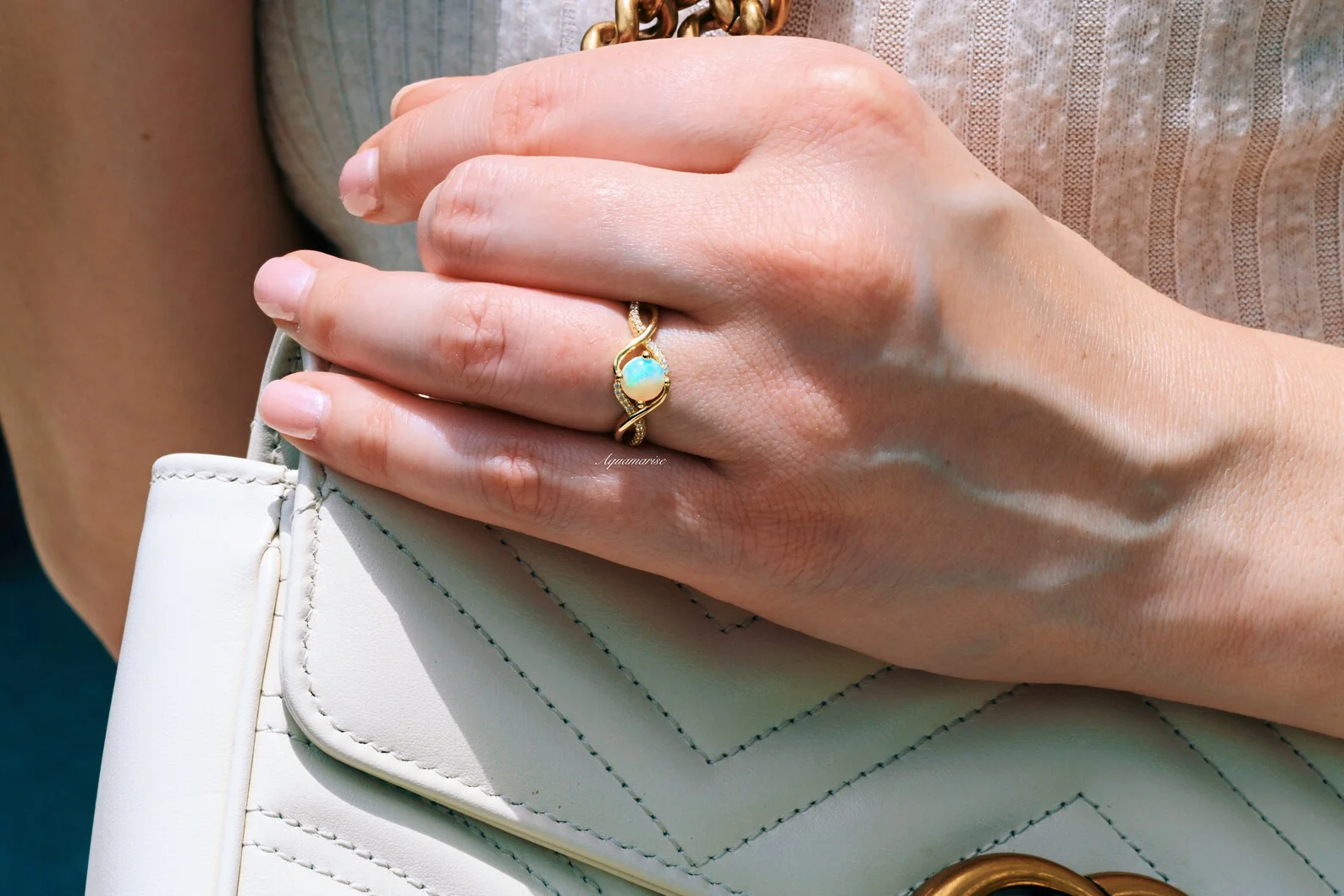 Entwined Natural Australian Opal Engagement Ring in 14K Solid Yellow Gold - Image 8
