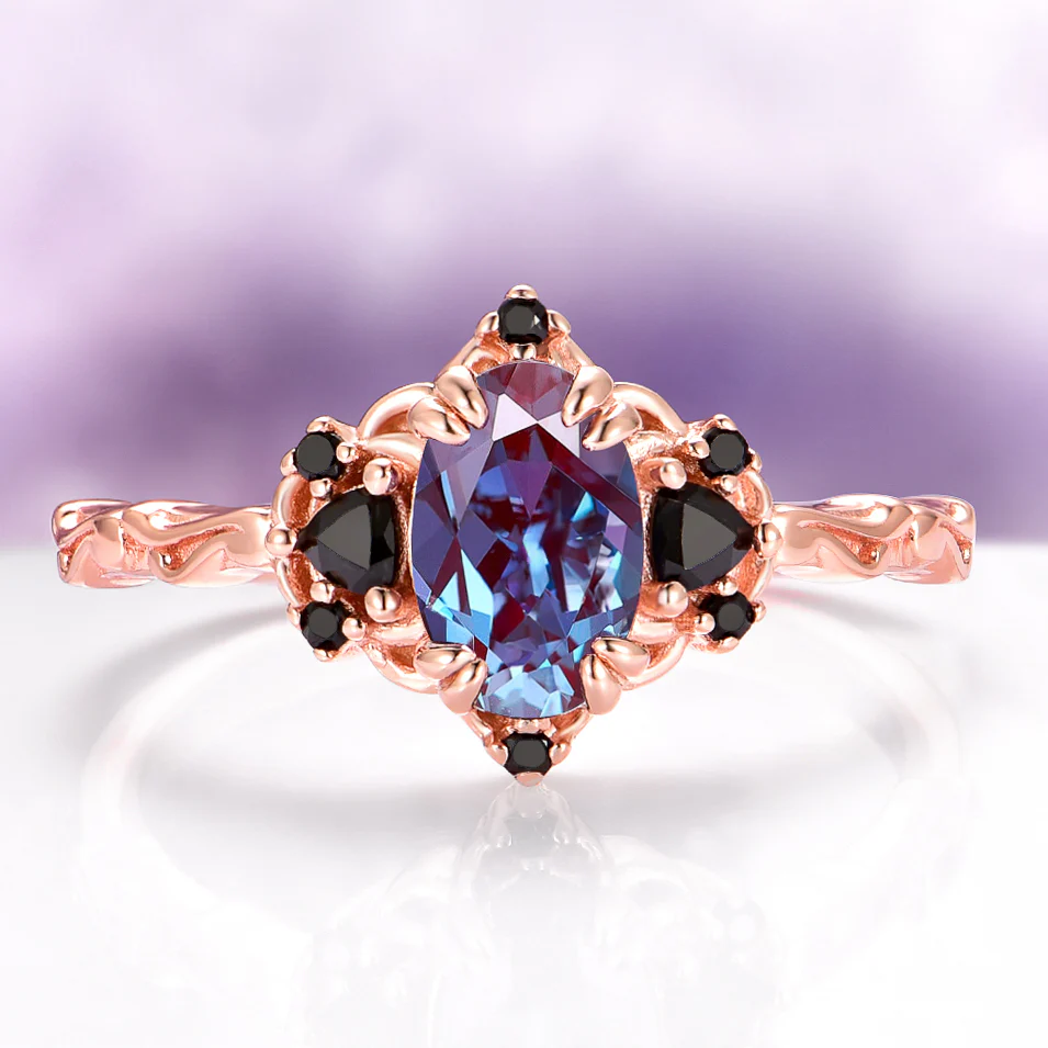 Esme Oval Cut Alexandrite & Black Moissanite Engagement Ring in 14K Solid Rose Gold
