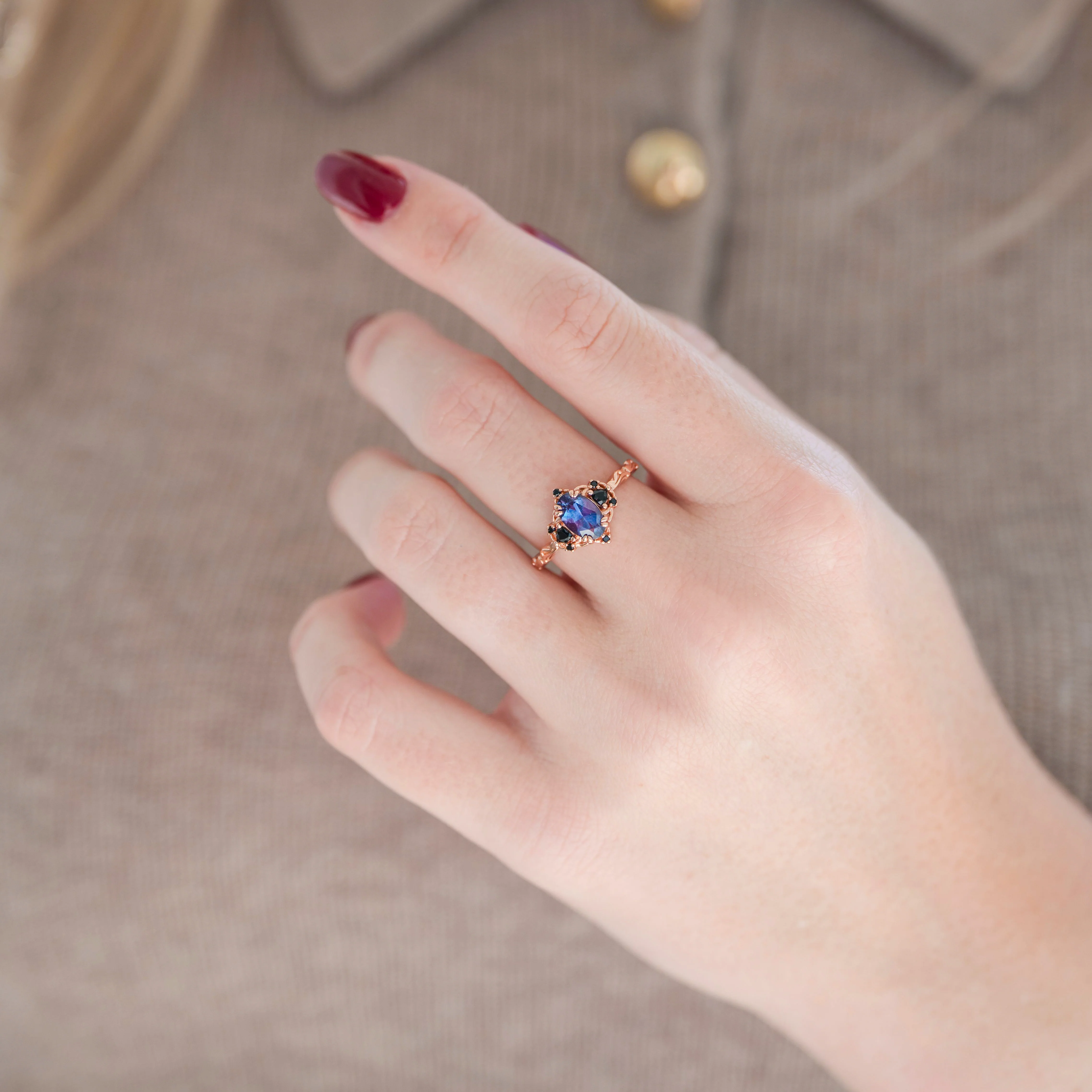 Esme Oval Cut Alexandrite & Black Moissanite Engagement Ring in 14K Solid Rose Gold - Image 3
