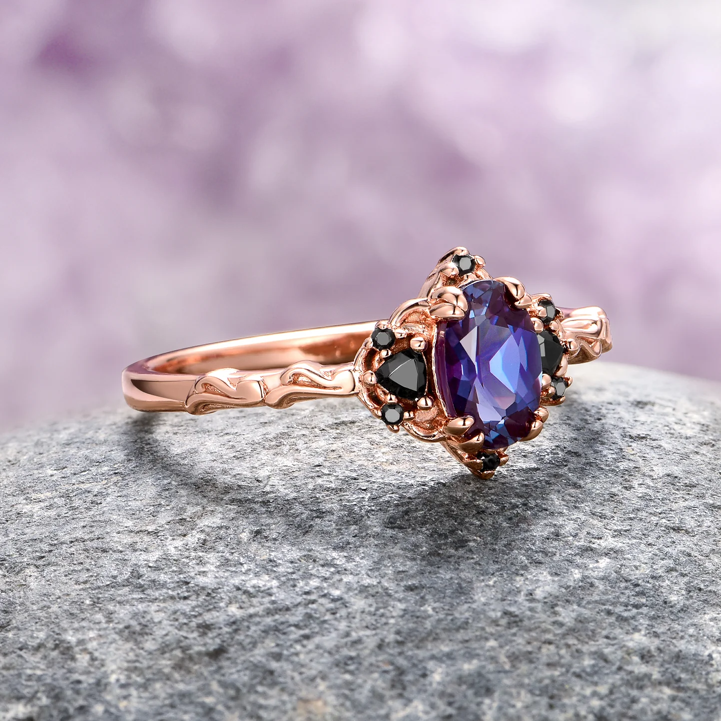 Esme Oval Cut Alexandrite & Black Moissanite Engagement Ring in 14K Solid Rose Gold - Image 4