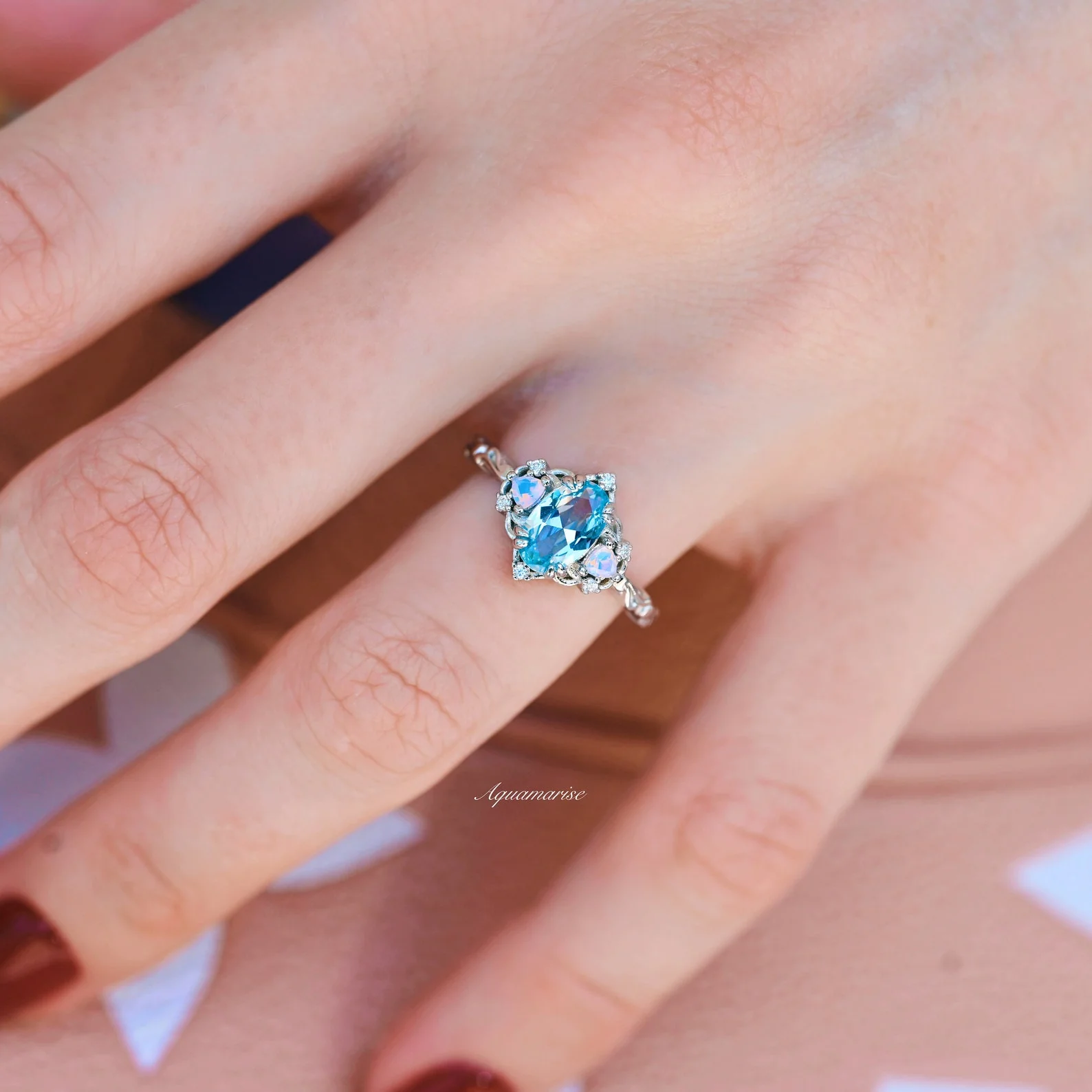 Esme Aquamarine & Opalescent Sapphire Ring in 14K White Gold - Image 4
