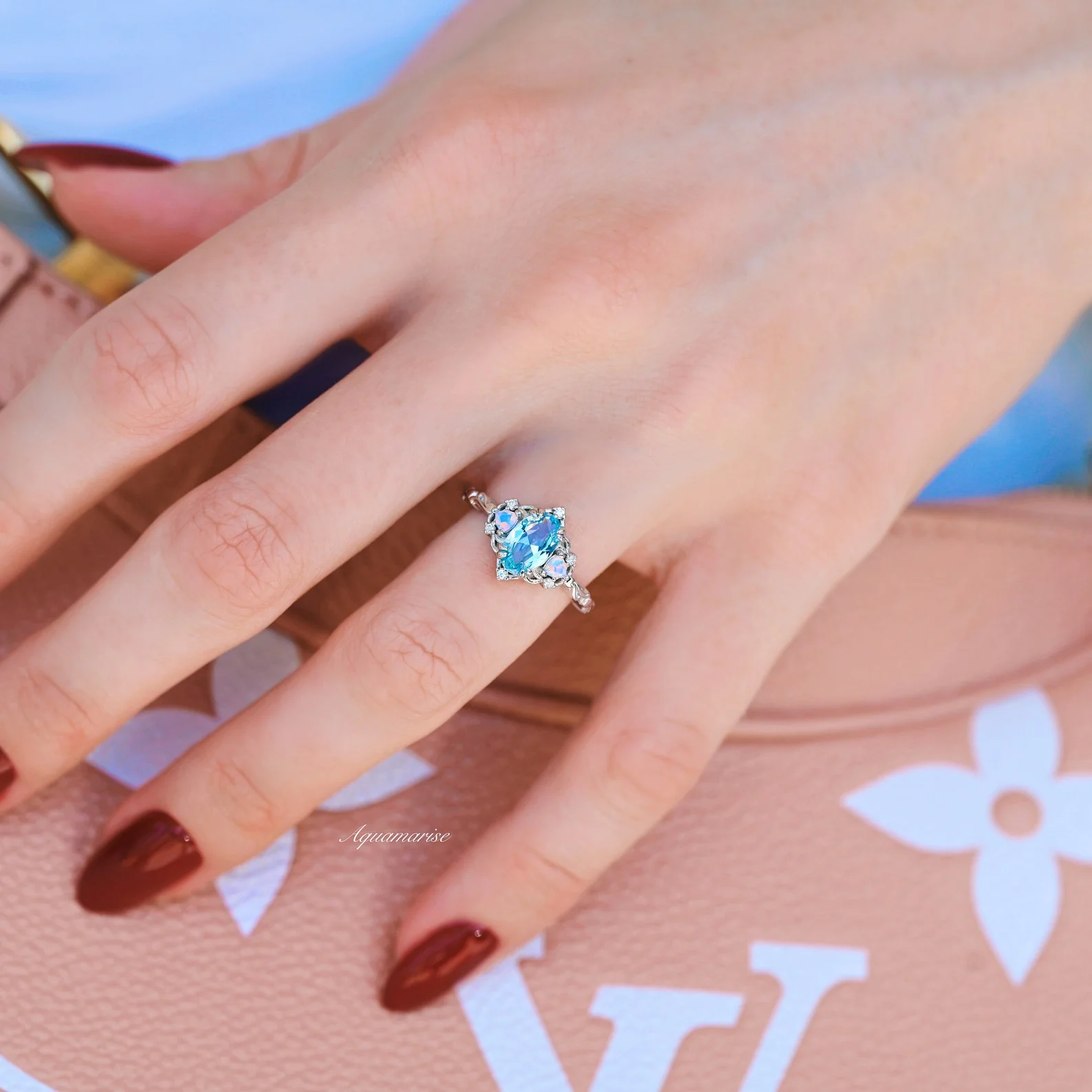 Esme Aquamarine & Opalescent Sapphire Ring in 14K White Gold - Image 7