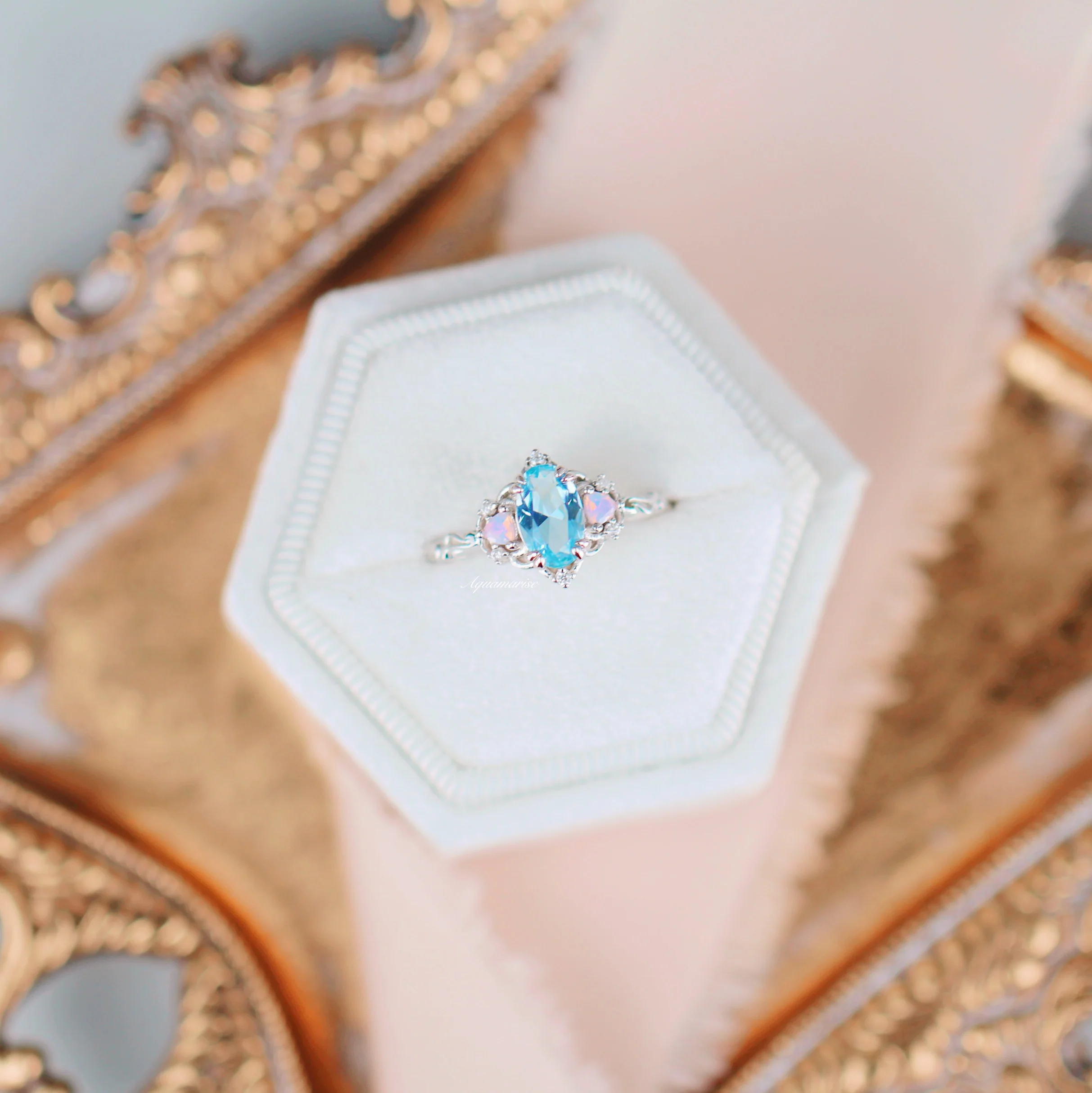 Esme Aquamarine & Opalescent Sapphire Ring in 14K White Gold - Image 8