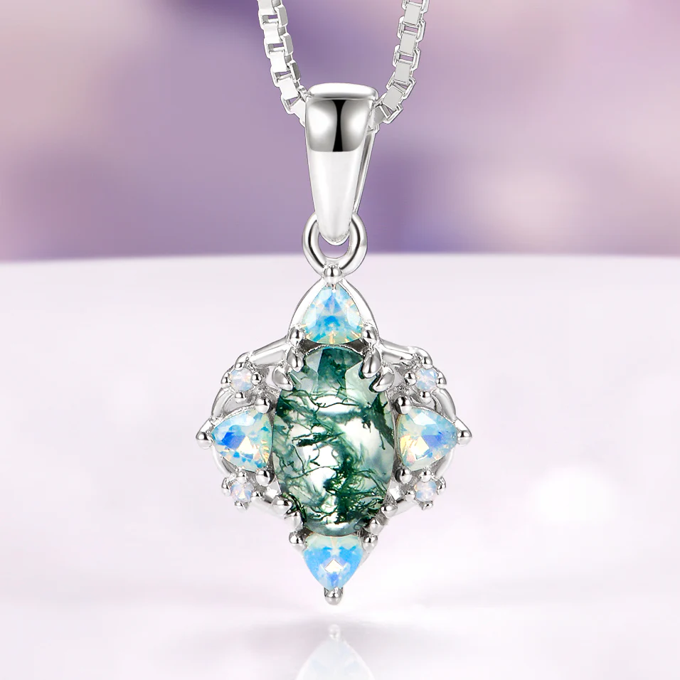 Esme Green Moss Agate & Opalescent Sapphire Necklace in Sterling Silver