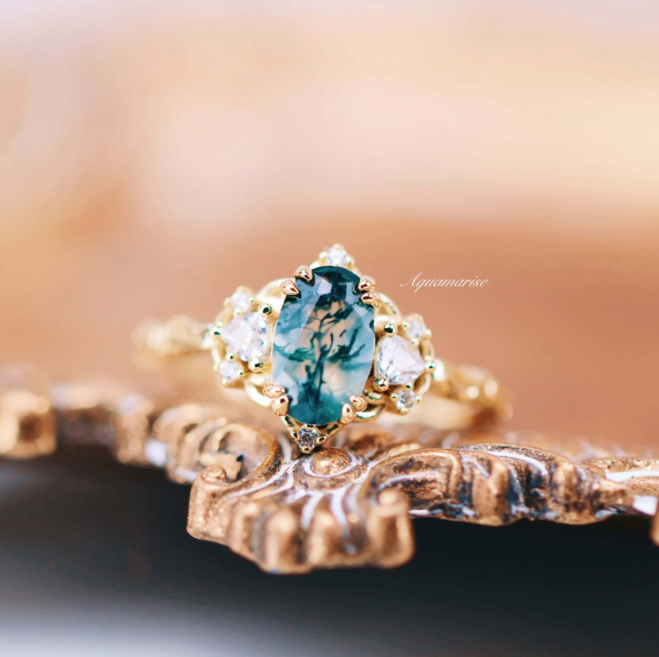 Esme Green Moss Agate Fairy Engagement Ring in 14K Solid Yellow Gold - Image 3