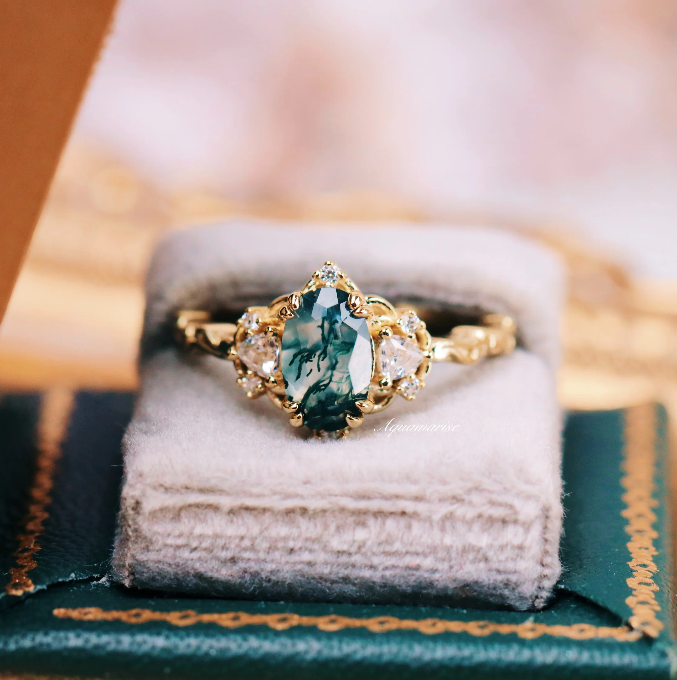 Esme Green Moss Agate Fairy Engagement Ring in 14K Solid Yellow Gold - Image 4