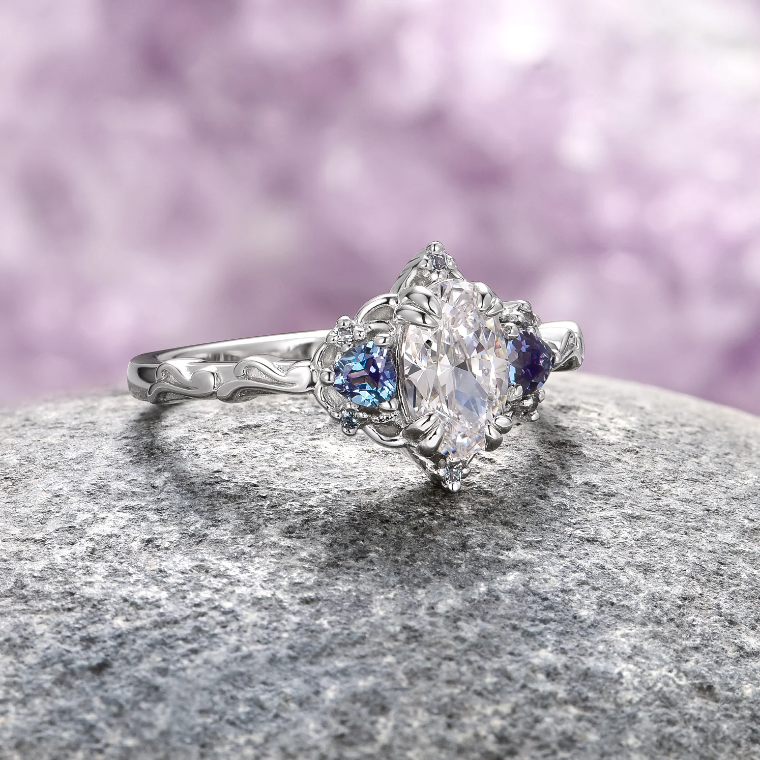 Esme Simulated Diamond and Alexandrite Engagement Ring in Sterling Silver - Image 4
