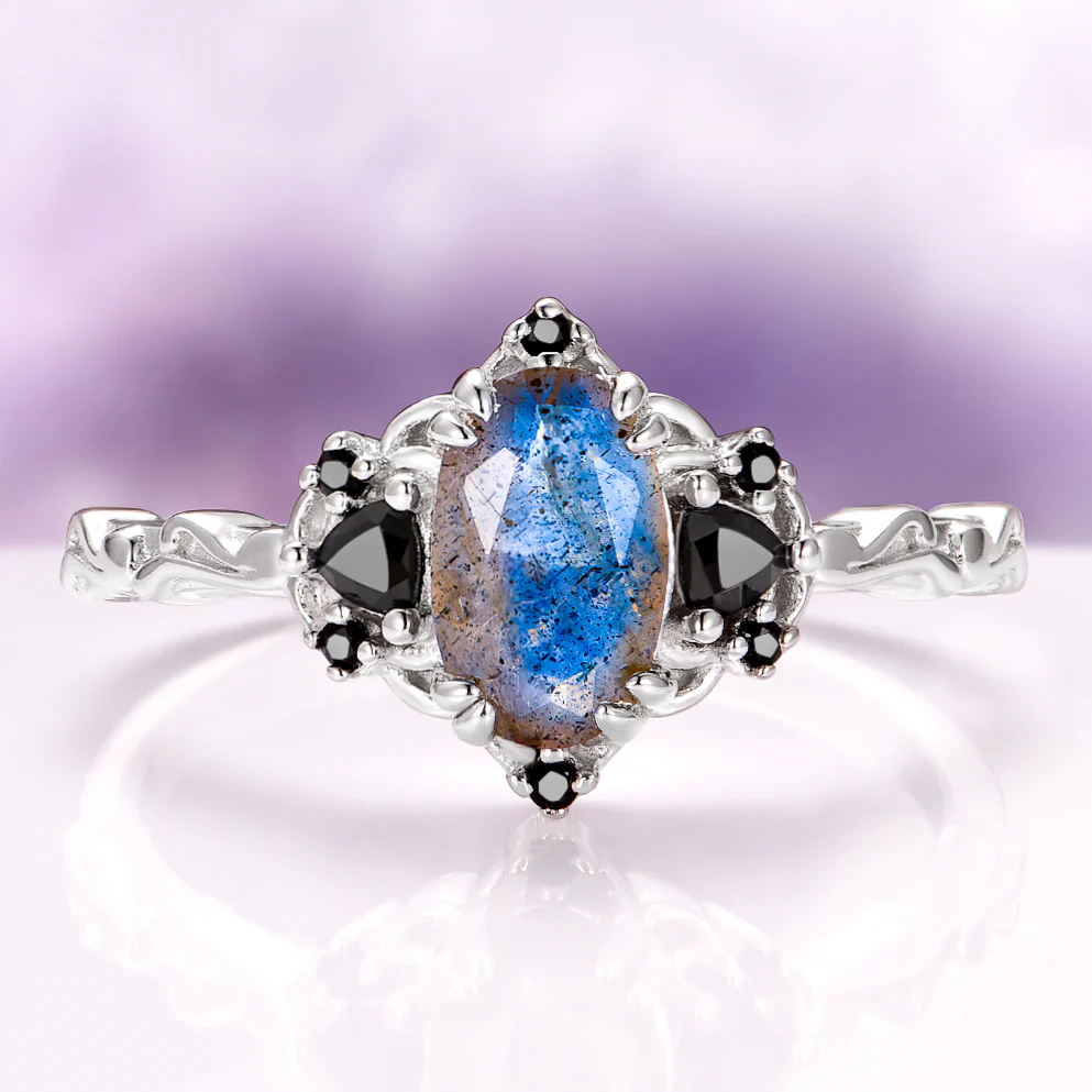 Esme Labradorite & Black Onyx Engagement Ring in 14K White Gold