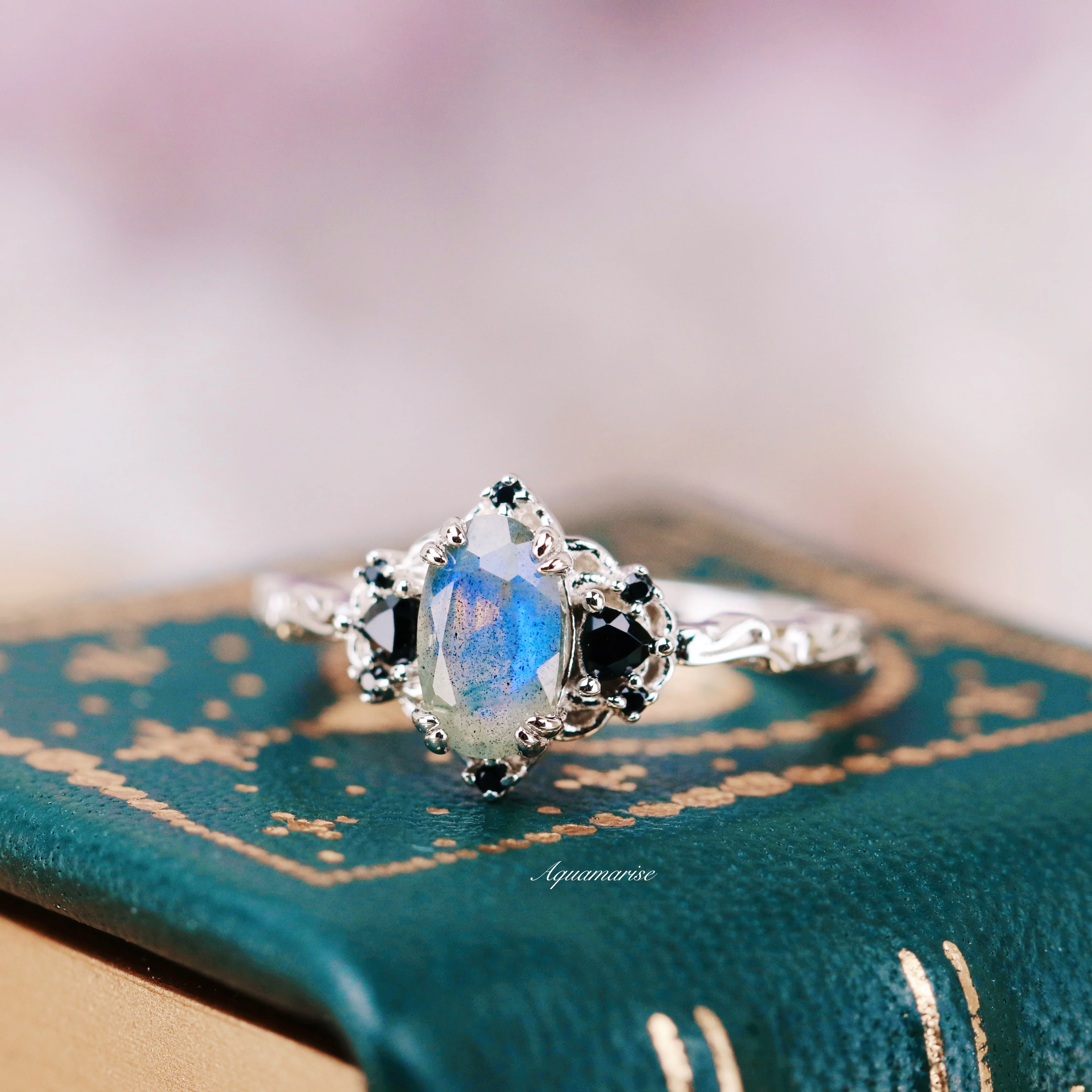 Esme Labradorite & Black Onyx Engagement Ring in 14K White Gold - Image 7