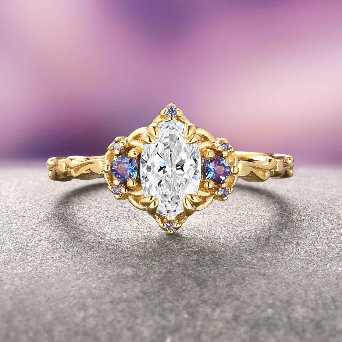 Esme Moissanite & Alexandrite Ring- 14K Solid Yellow Gold