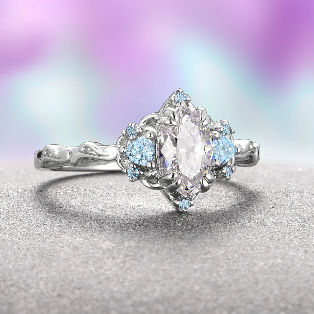 Esme Lab-Grown Diamond & Aquamarine Ring- 14K White Gold (IGI Certified) - Image 3