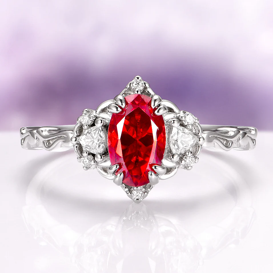 Esme Pigeon Blood Red Moissanite Ring in Sterling Silver
