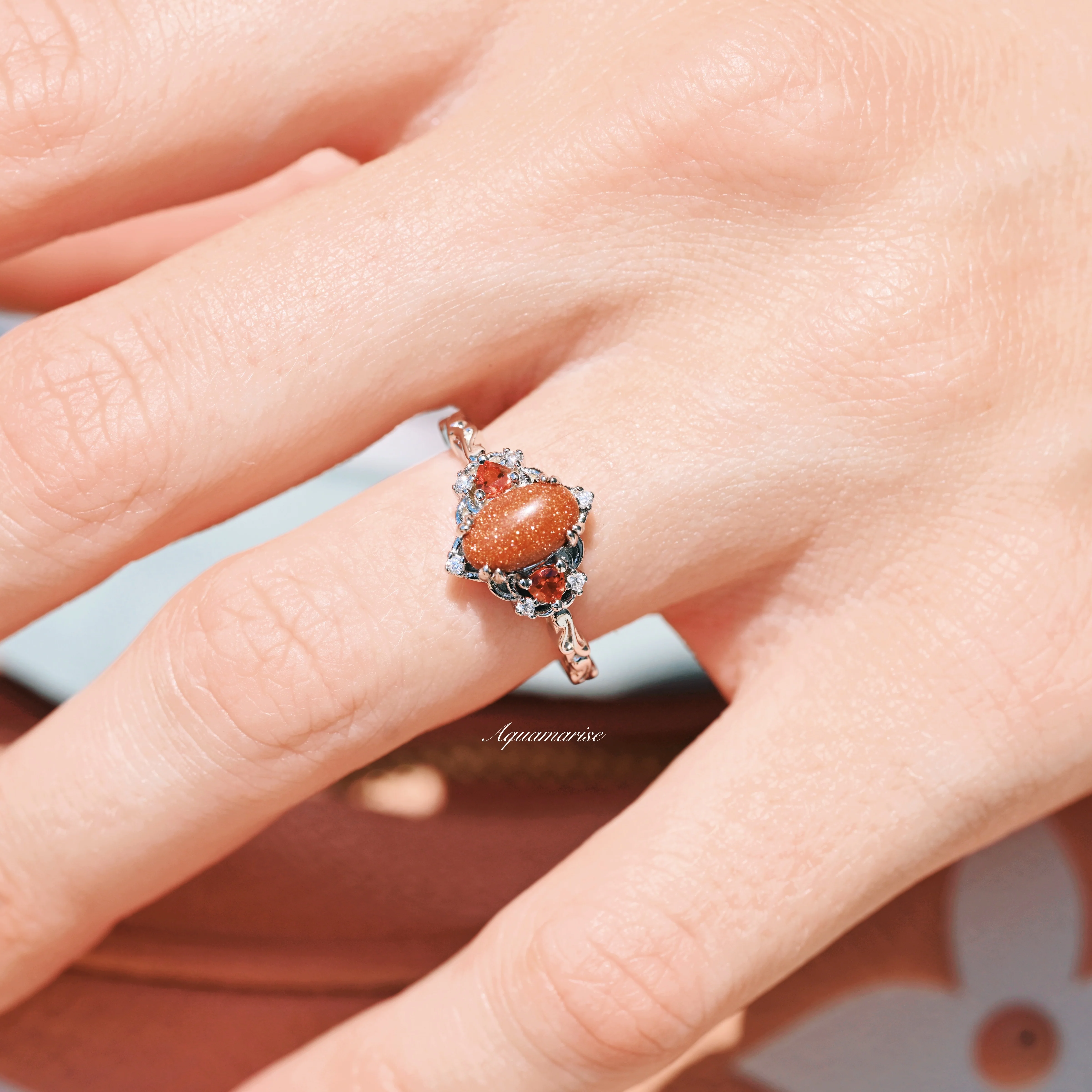 Esme Red Goldstone & Orange Sapphire Ring in Sterling Silver - Image 7