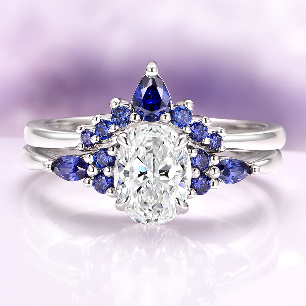 Estée Moissanite and Blue Sapphire Engagement Ring Set in 14K White Gold