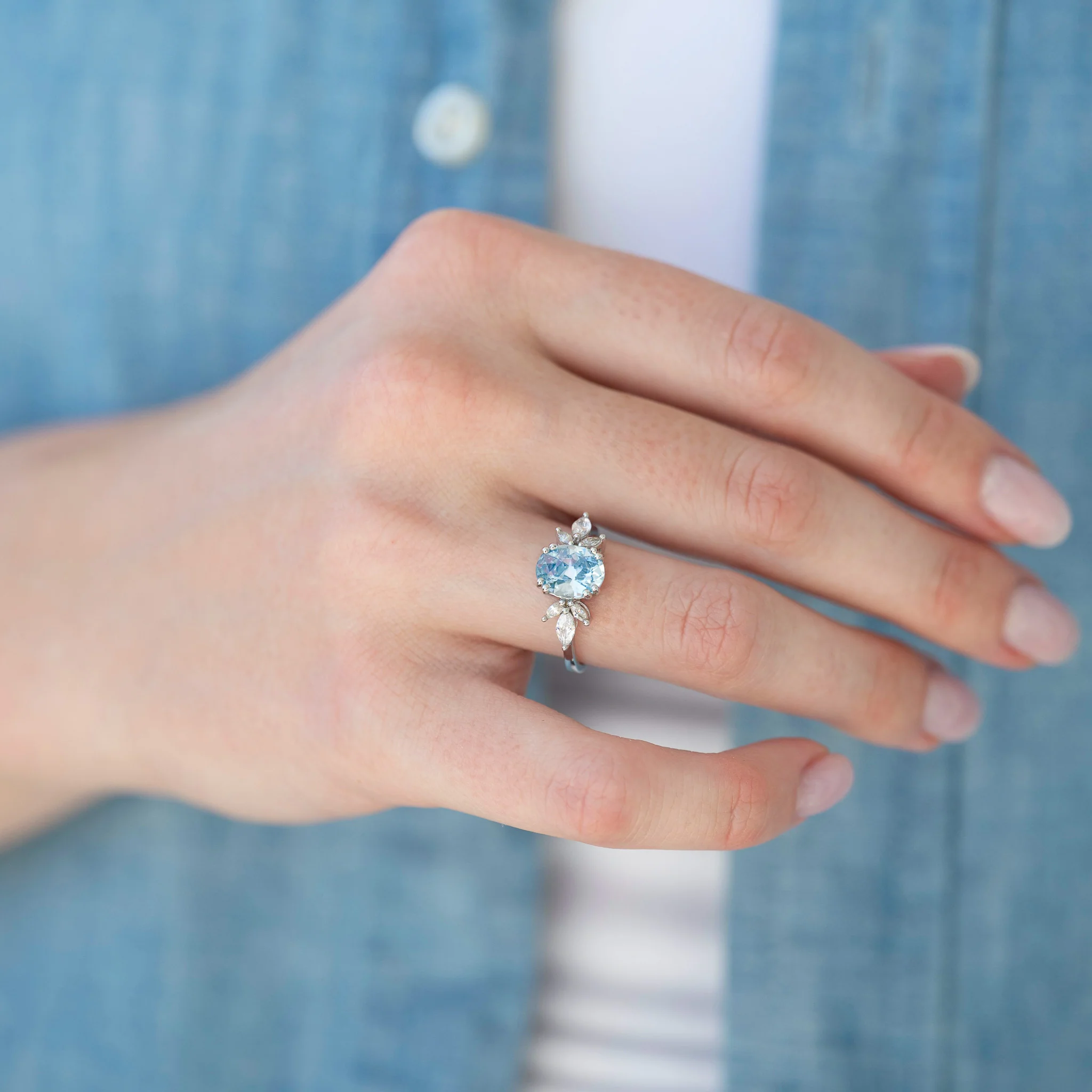 Eva Flower Aquamarine Engagement Ring in 14K White Gold - Image 2