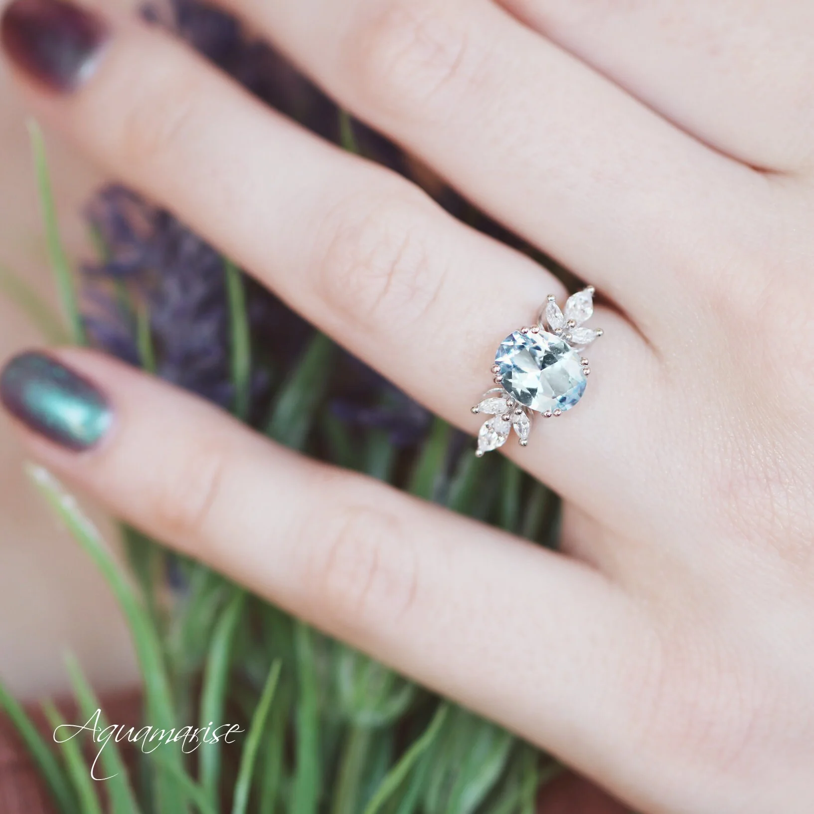 Eva Flower Aquamarine Engagement Ring in 14K White Gold - Image 3