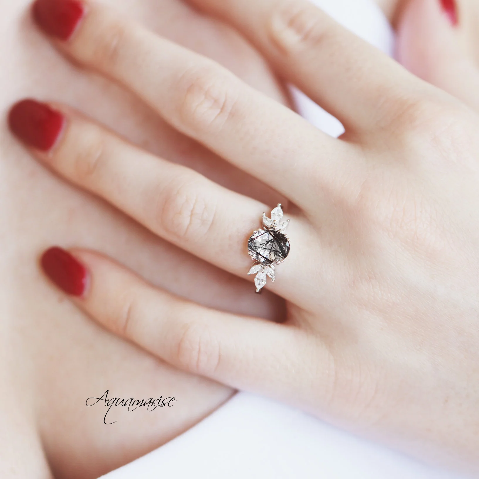 Eva Black Rutilated Quartz Engagement Ring in 14K White Gold - Image 2