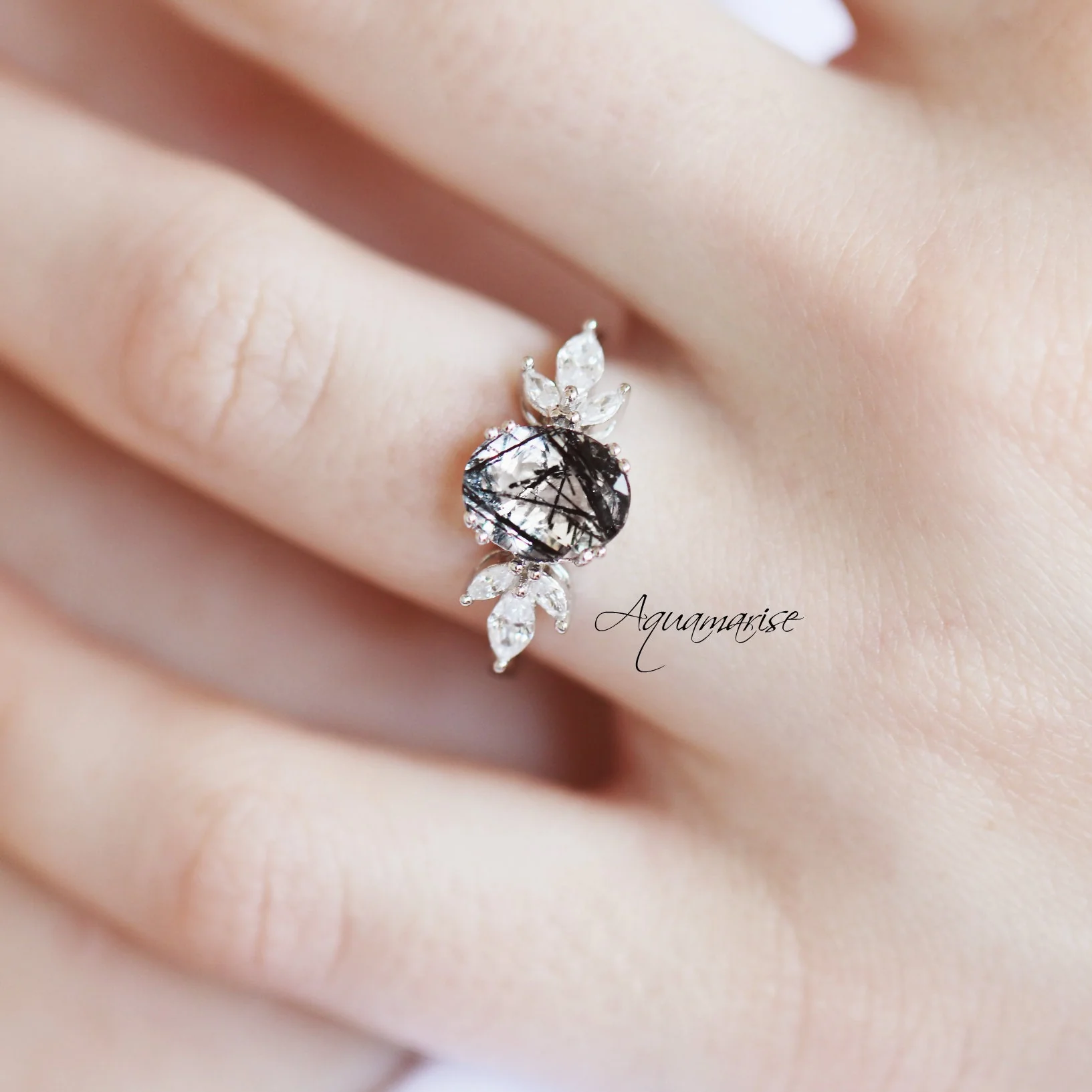 Eva Black Rutilated Quartz Engagement Ring in 14K White Gold - Image 3