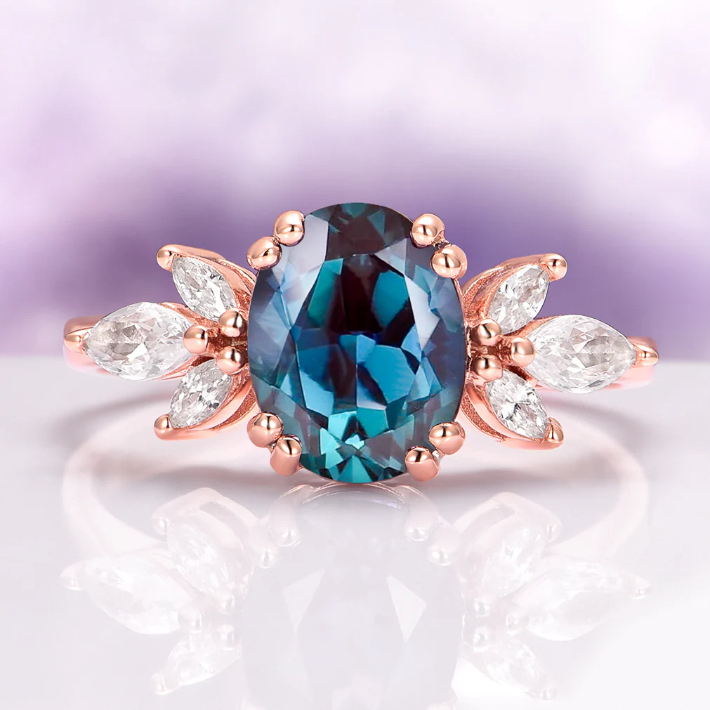 Eva Lab-Grown Alexandrite Flower Engagement Ring in 14K Solid Rose Gold