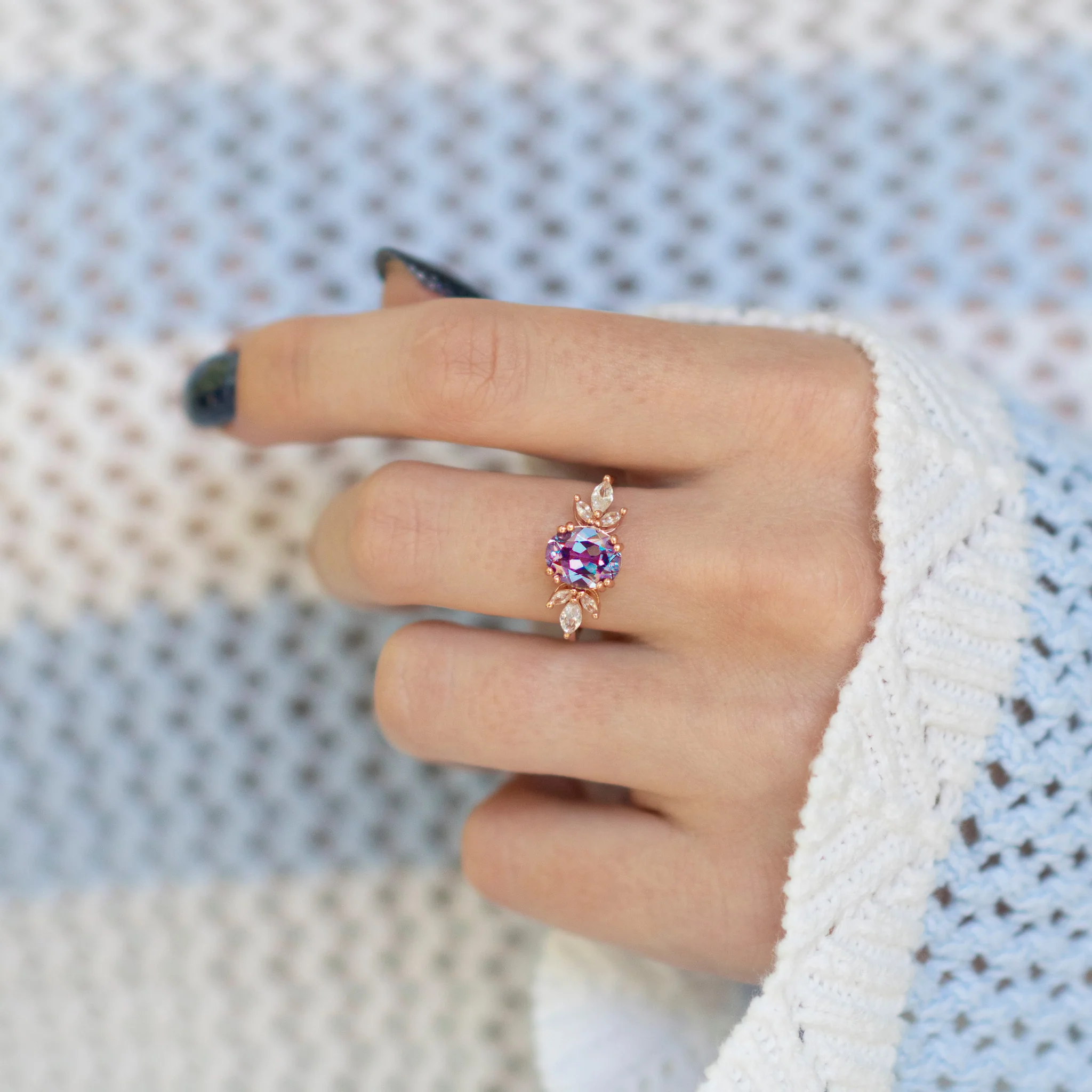 Eva Lab-Grown Alexandrite Flower Engagement Ring in 14K Solid Rose Gold - Image 2