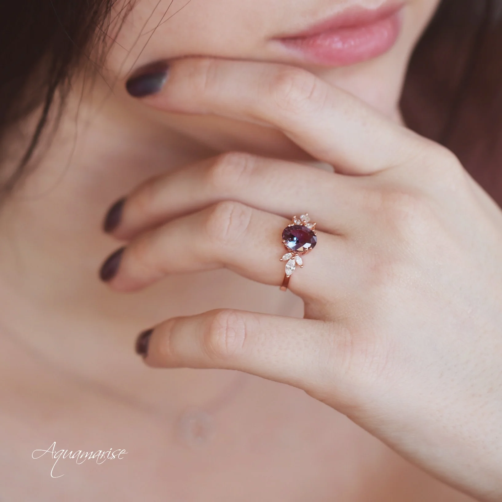 Eva Lab-Grown Alexandrite Flower Engagement Ring in 14K Solid Rose Gold - Image 3