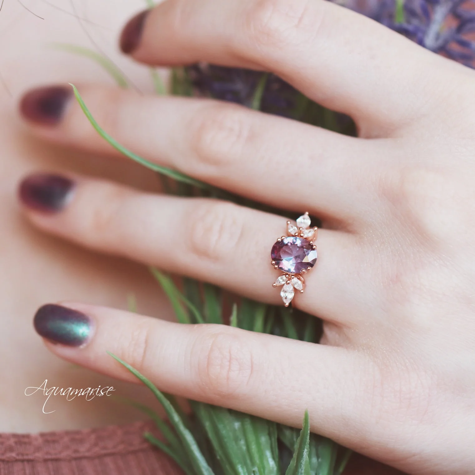 Eva Lab-Grown Alexandrite Flower Engagement Ring in 14K Solid Rose Gold - Image 4