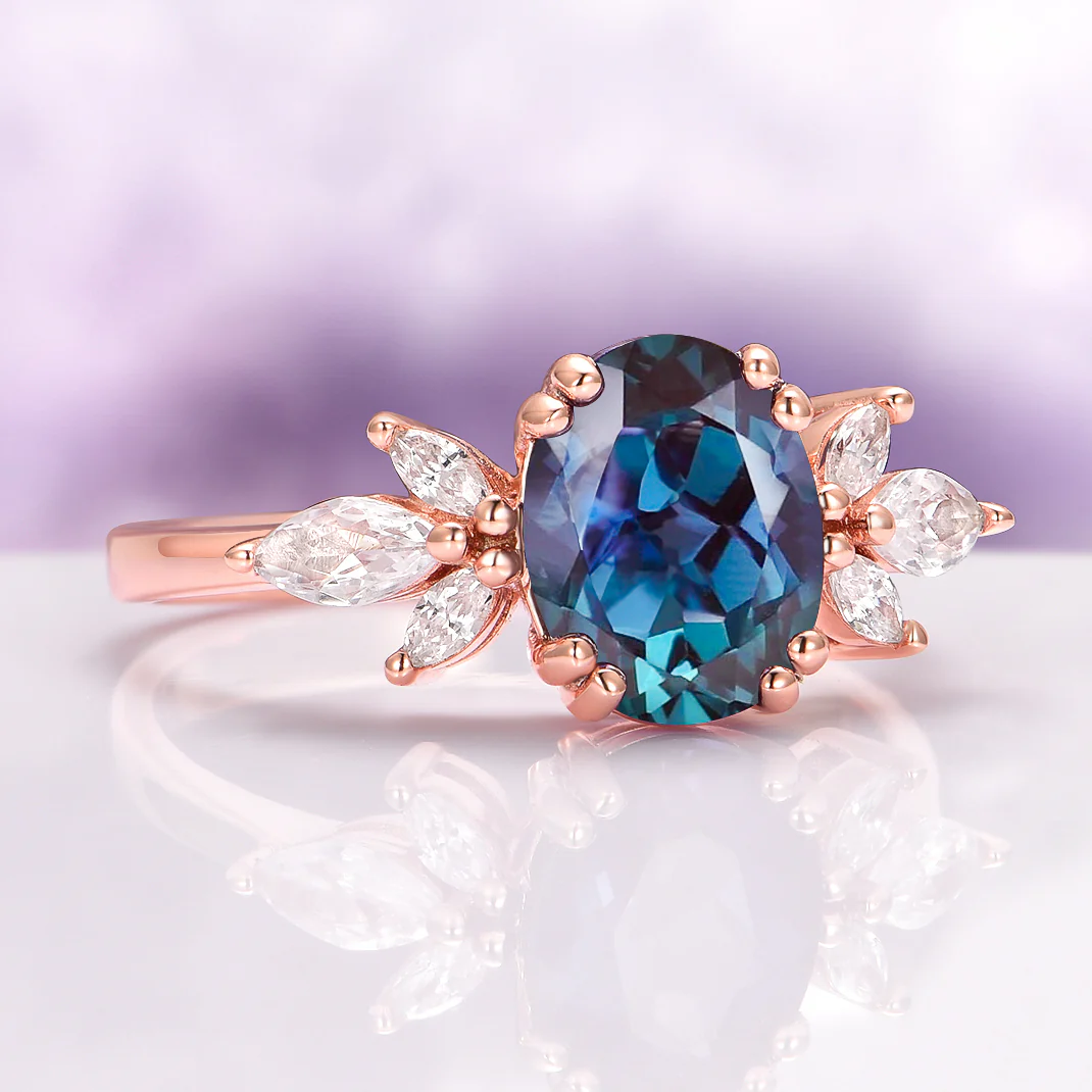 Eva Lab-Grown Alexandrite Flower Engagement Ring in 14K Solid Rose Gold - Image 5
