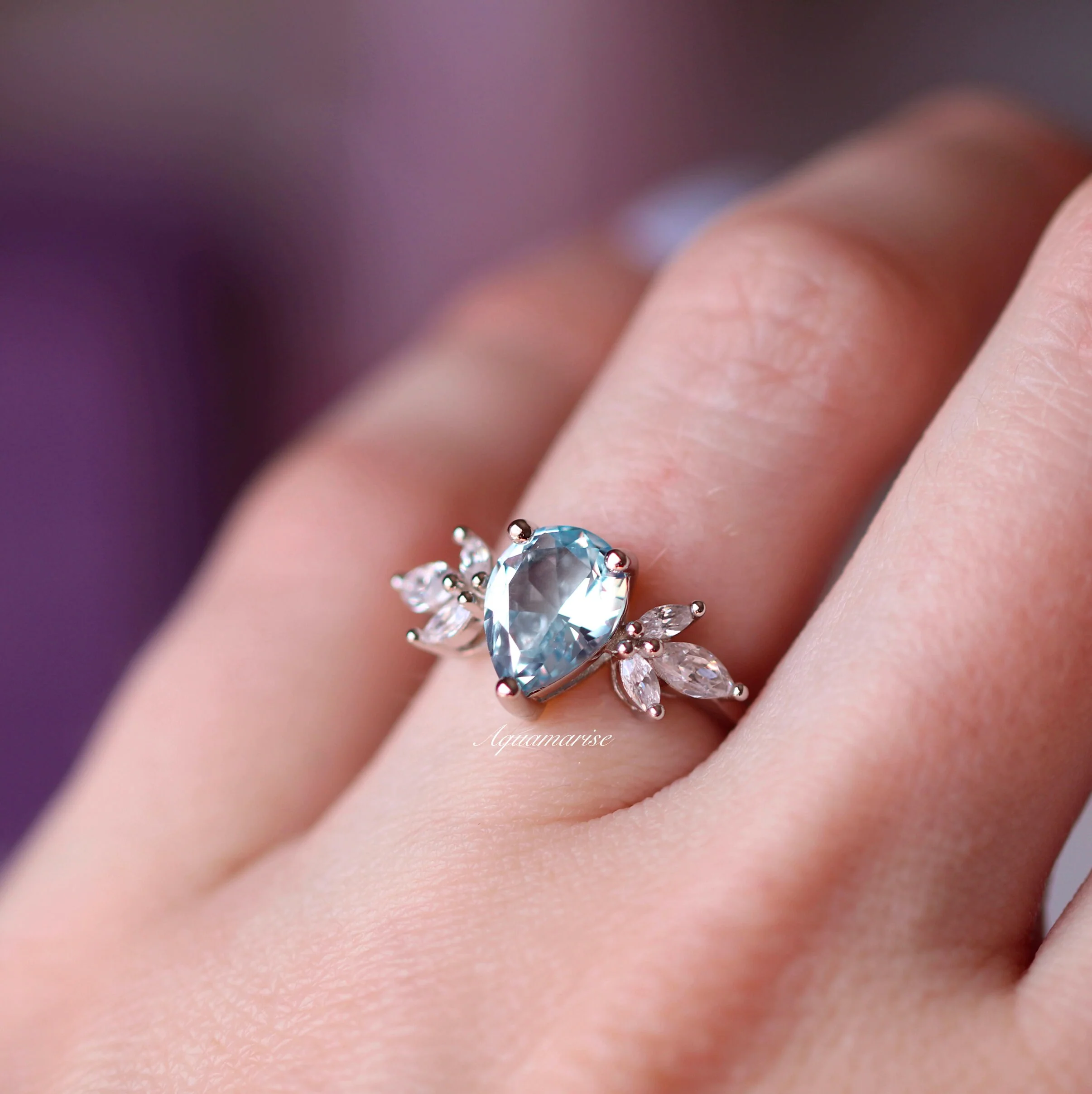 Eva Teardrop Aquamarine Engagement Ring in 14K White Gold - Image 2