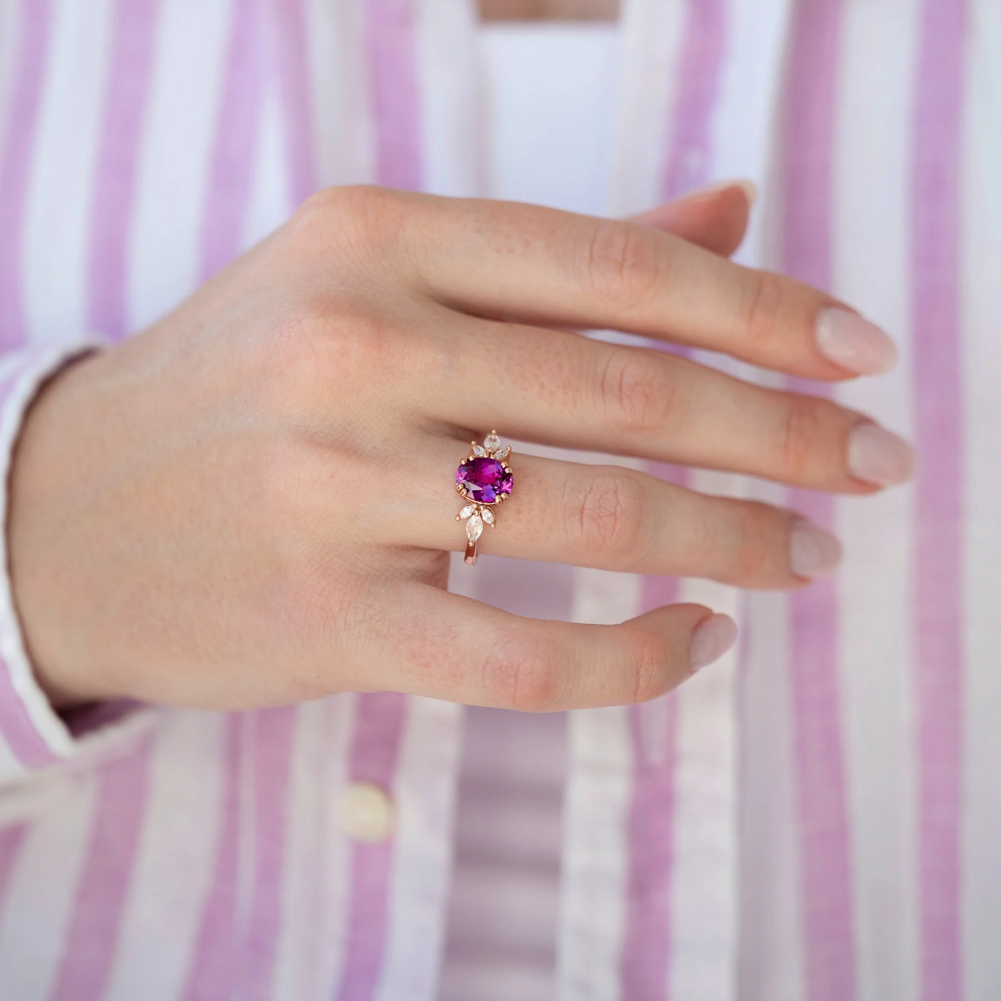 Eva Oval Cut Lab Grown Ruby Engagement Ring in 14K Rose Gold Vermeil - Image 2