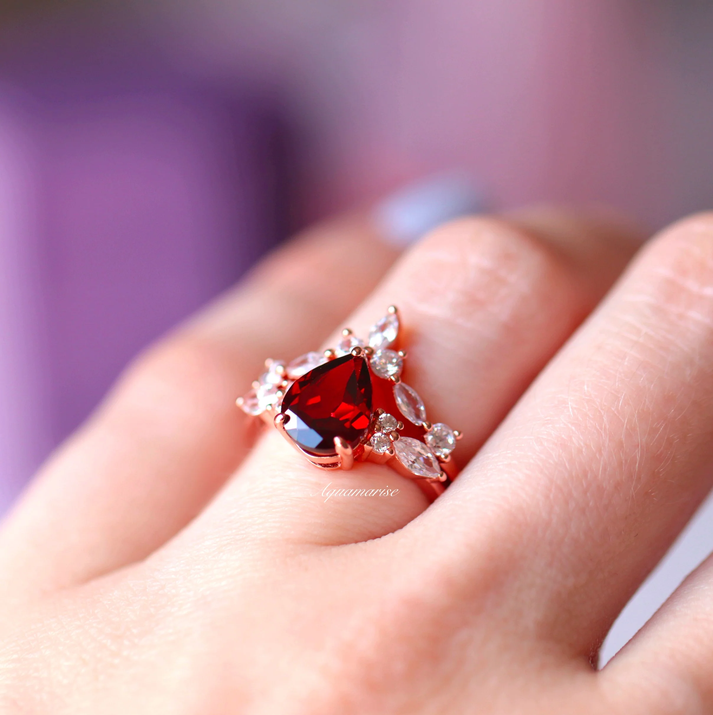 Evelyn Red Garnet Ring Set- 14K Solid Rose Gold - Image 6