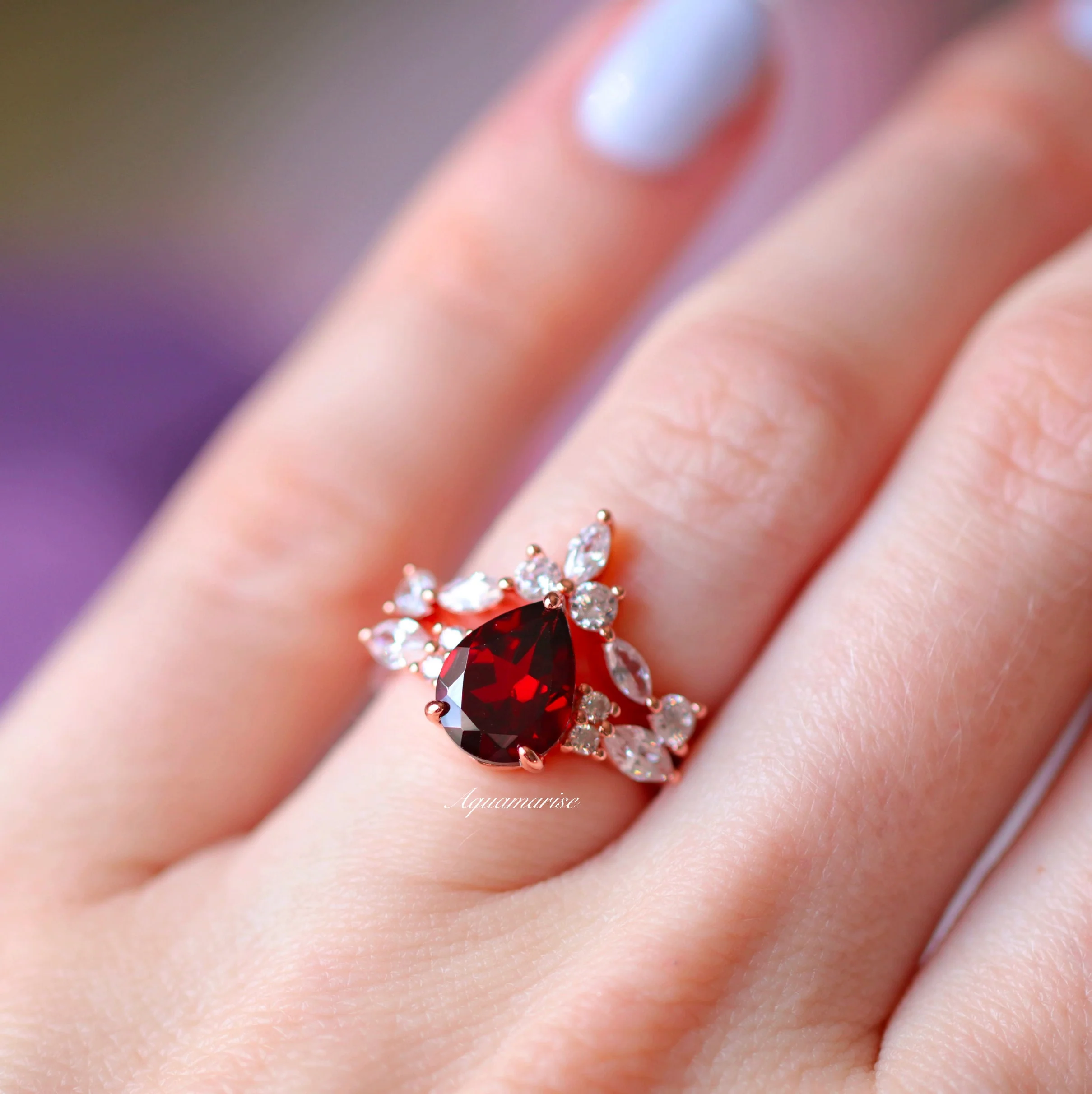Evelyn Red Garnet Ring Set- 14K Solid Rose Gold - Image 7