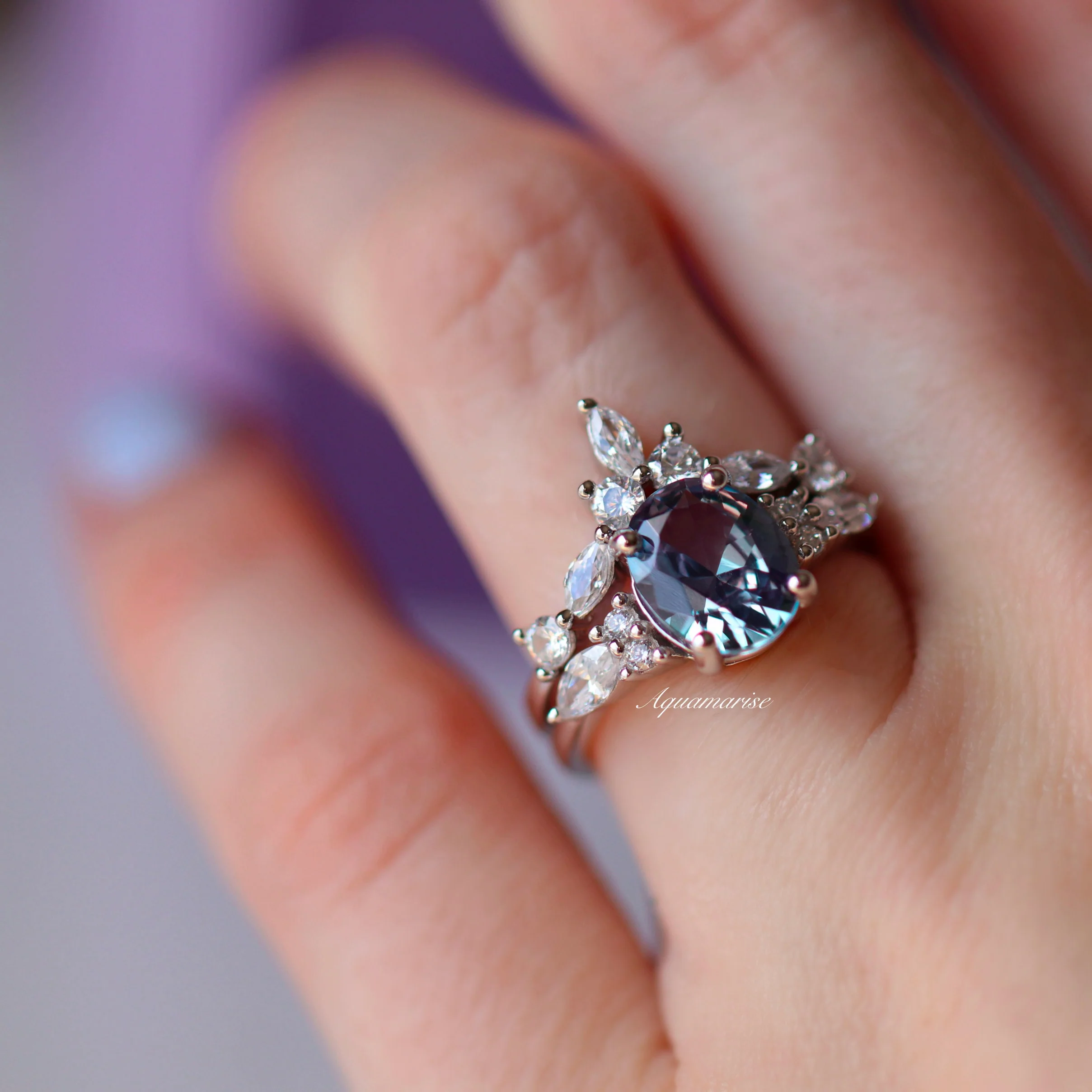 Evelyn Oval Cut Alexandrite Engagement Ring Set in Sterling Silver - Image 2