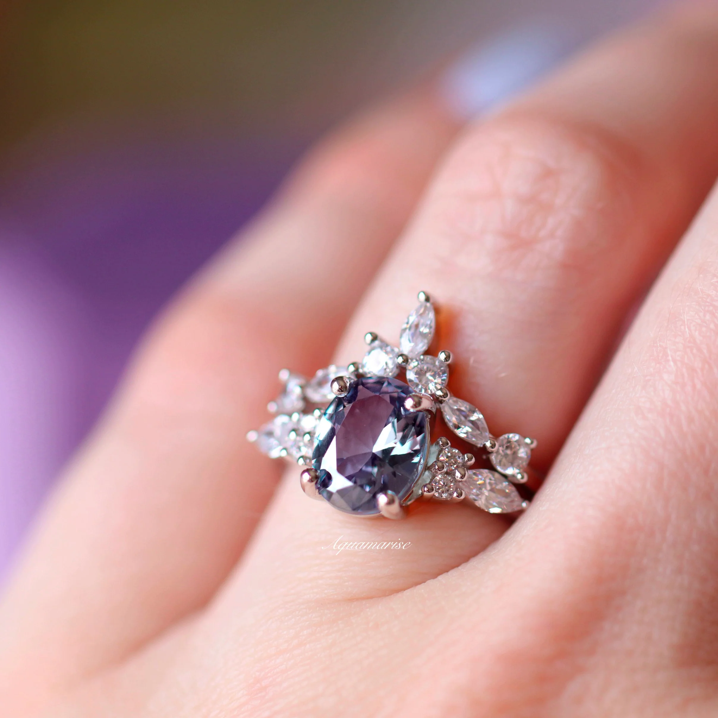 Evelyn Oval Cut Alexandrite Engagement Ring Set in Sterling Silver - Image 3
