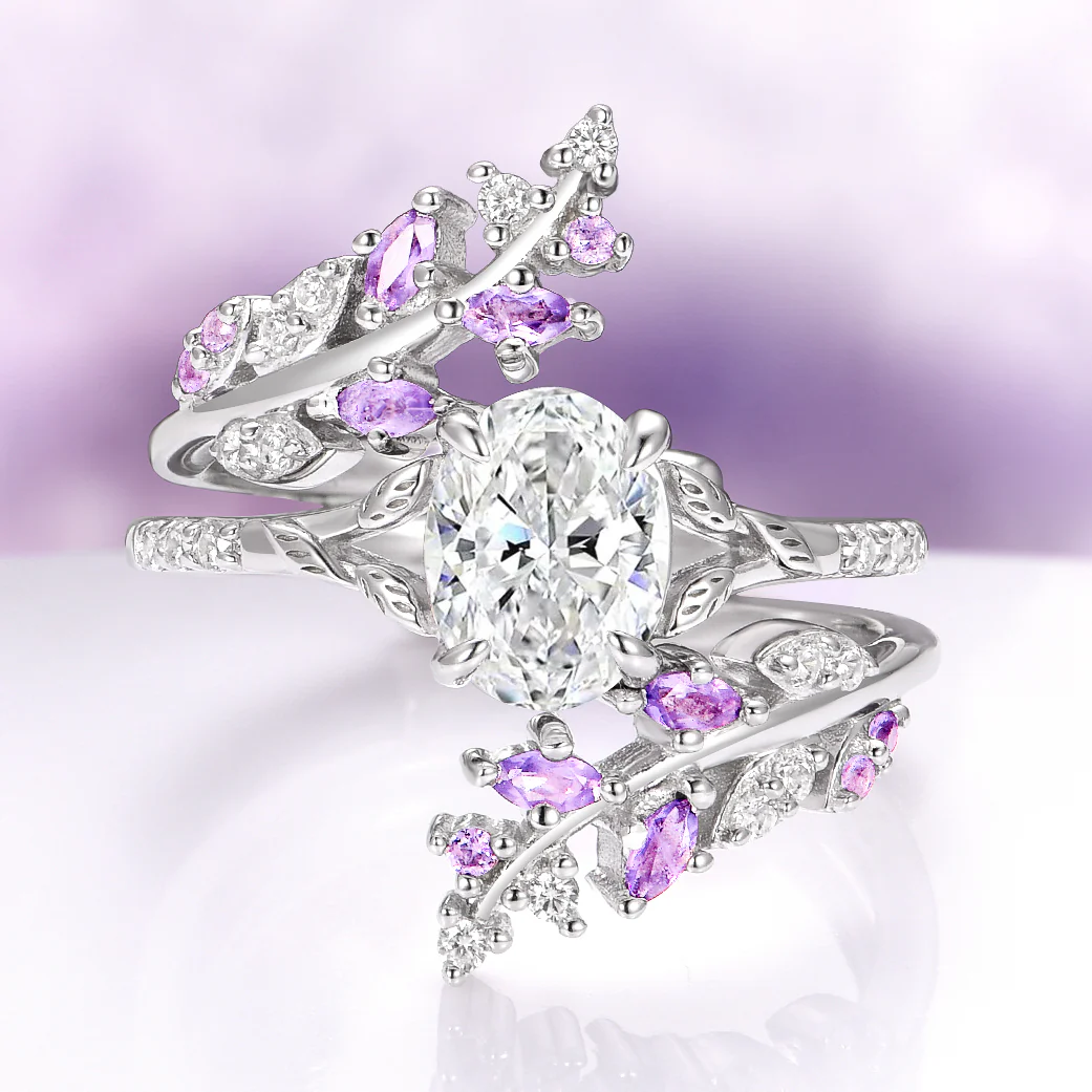 Oval Cut Lab-Grown Diamond & Amethyst Leaf Engagement Ring Set in 14K White Gold (IGI Certified)