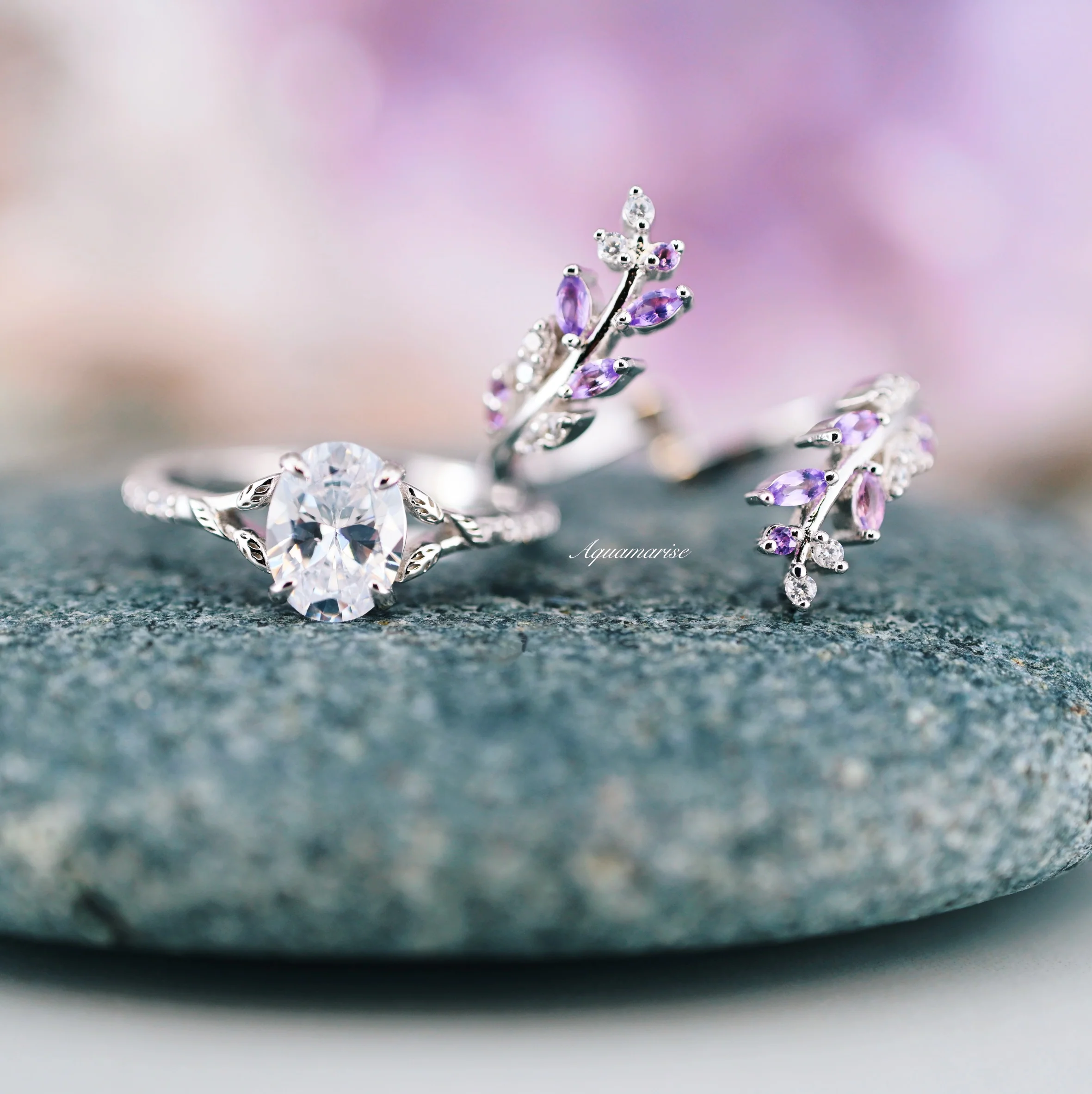 Oval Cut Lab-Grown Diamond & Amethyst Leaf Engagement Ring Set in 14K White Gold (IGI Certified) - Image 2