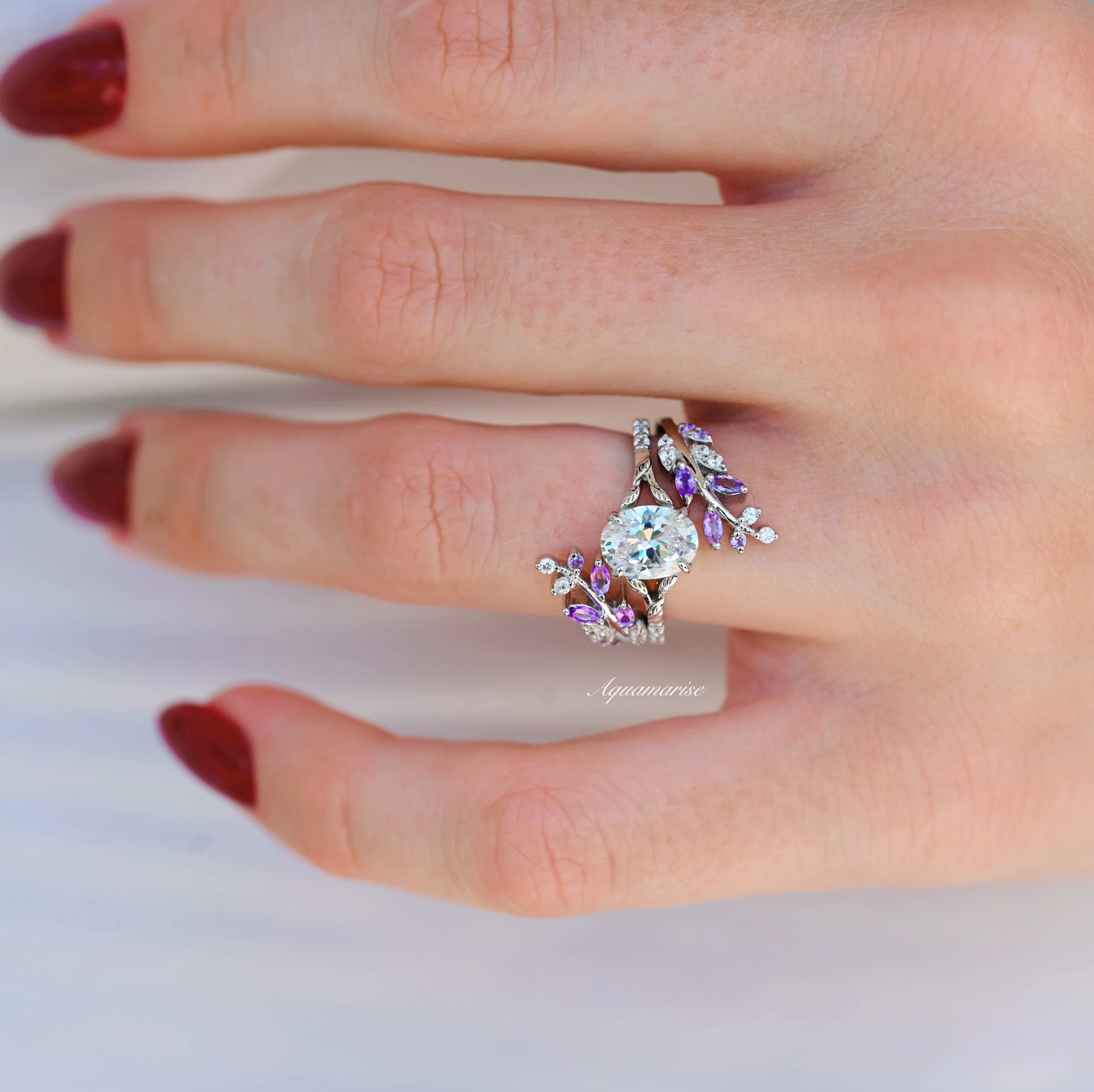Oval Cut Lab-Grown Diamond & Amethyst Leaf Engagement Ring Set in 14K White Gold (IGI Certified) - Image 3