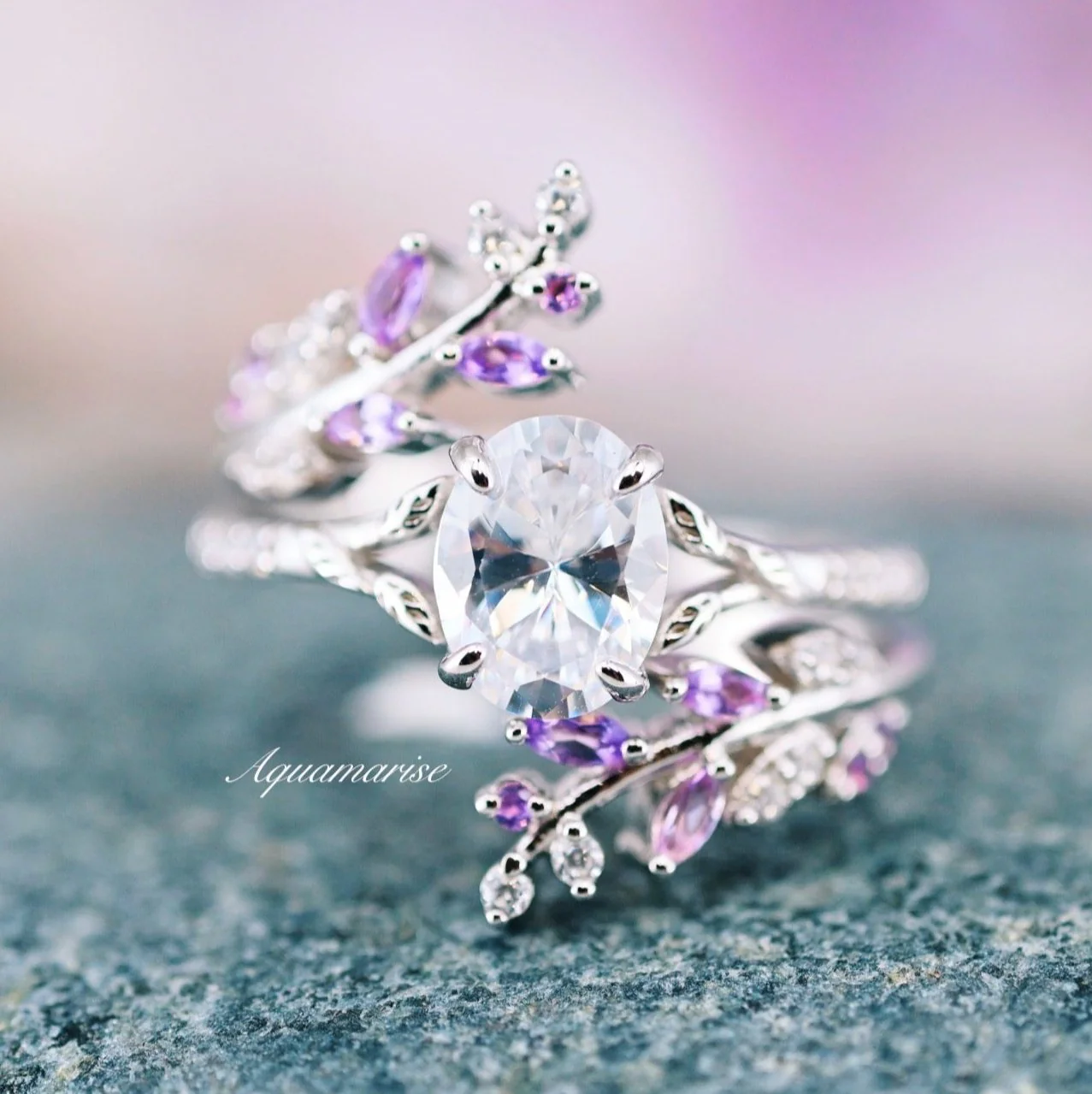 Oval Cut Lab-Grown Diamond & Amethyst Leaf Engagement Ring Set in 14K White Gold (IGI Certified) - Image 4
