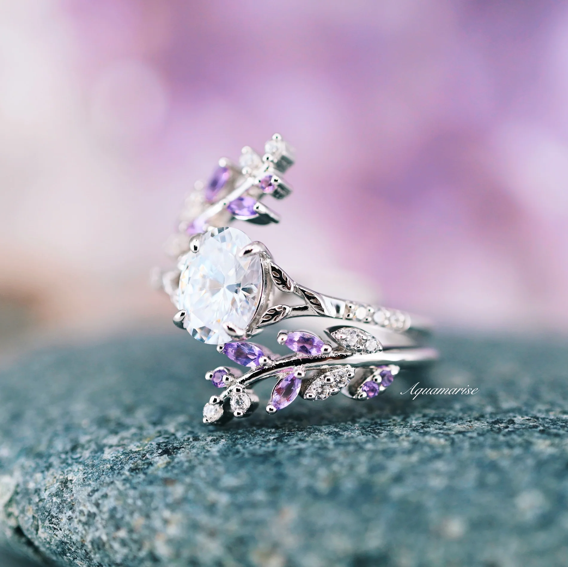 Oval Cut Lab-Grown Diamond & Amethyst Leaf Engagement Ring Set in 14K White Gold (IGI Certified) - Image 5