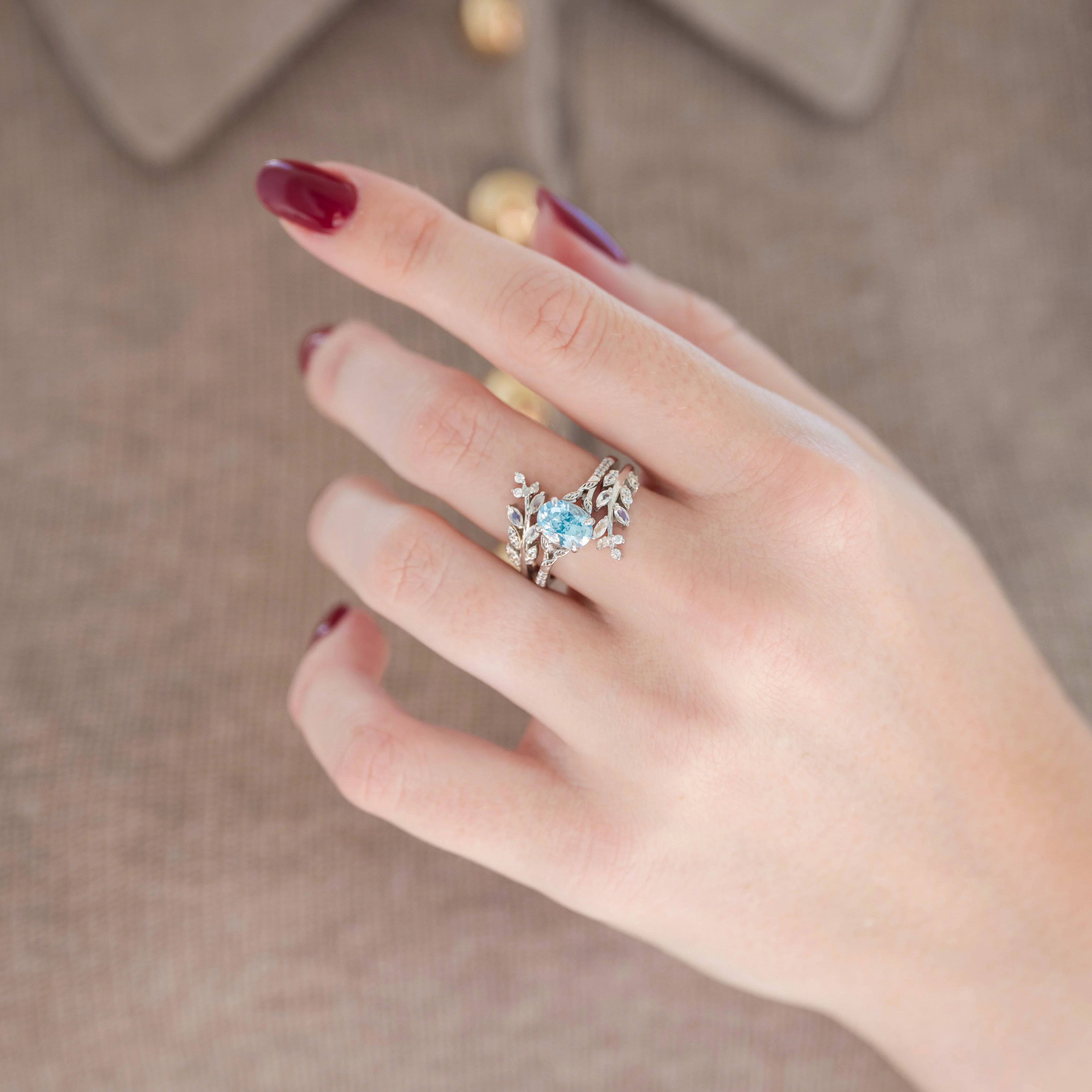 Aquamarine & Moonstone Fairy Leaf Ring Set-  Sterling Silver - Image 2